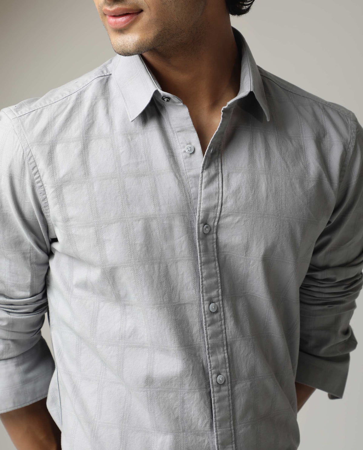 RARE RABBIT MEN'S HECKER GREY SHIRT COTTON FABRIC COLLARED NECK FULL SLEEVES BUTTON CLOSURE