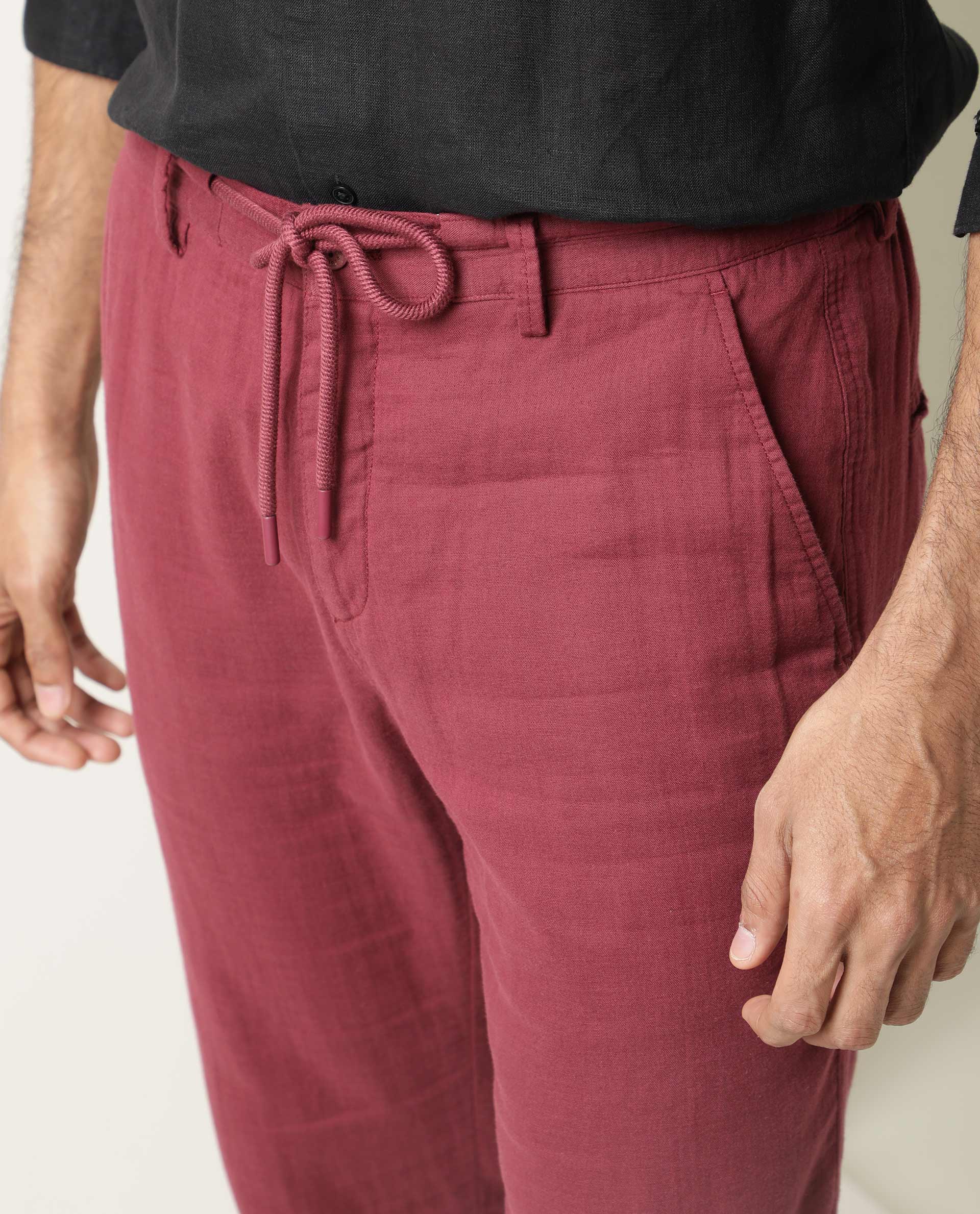 Rare Rabbit Men's Pastor Dark Red Solid Mid-Rise With Drawstring And Elastic Waistband Regular Fit Trouser