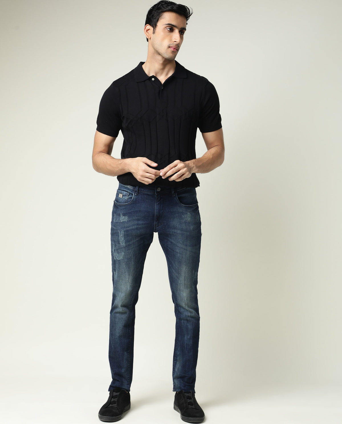 RARE RABBIT MEN'S LINK BLACK POLO COTTON FABRIC COLLARED NECK HALF SLEEVES BUTTON CLOSURE SLIM FIT