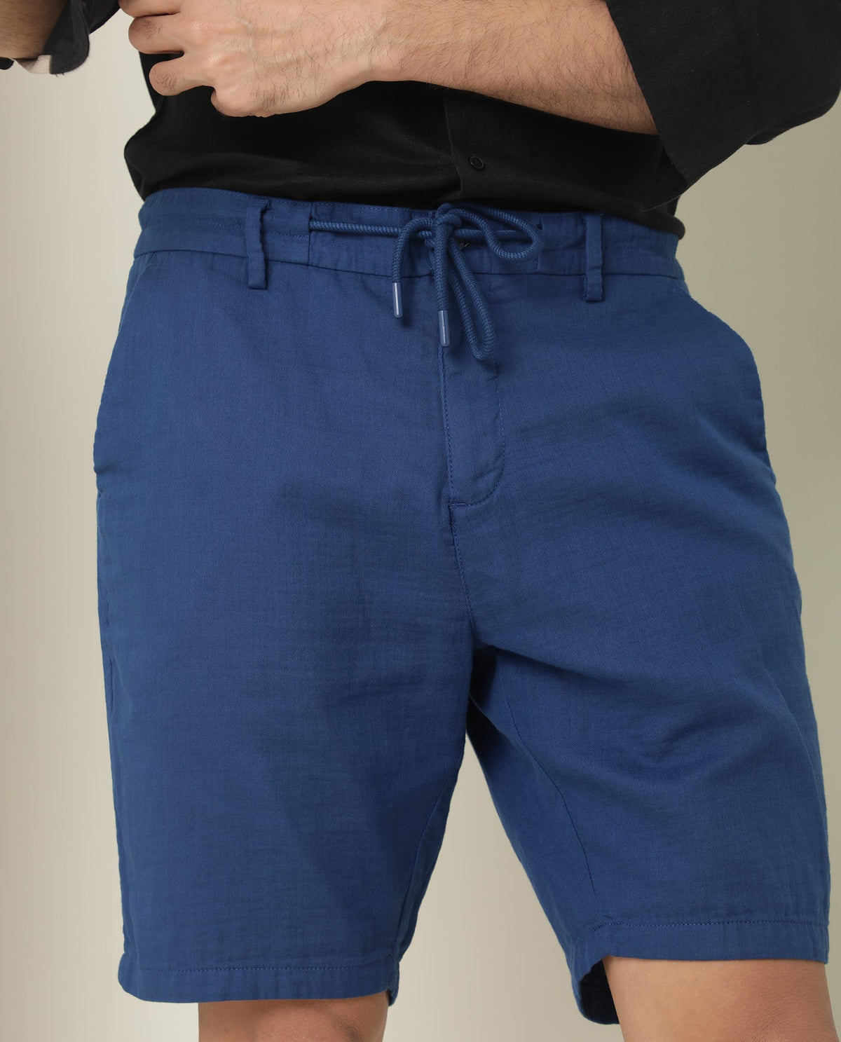 Rare Rabbit Mens Pinto Flouroscent Blue Cotton Fabric Drawstring Mid Rise Regular Fit Solid Shorts