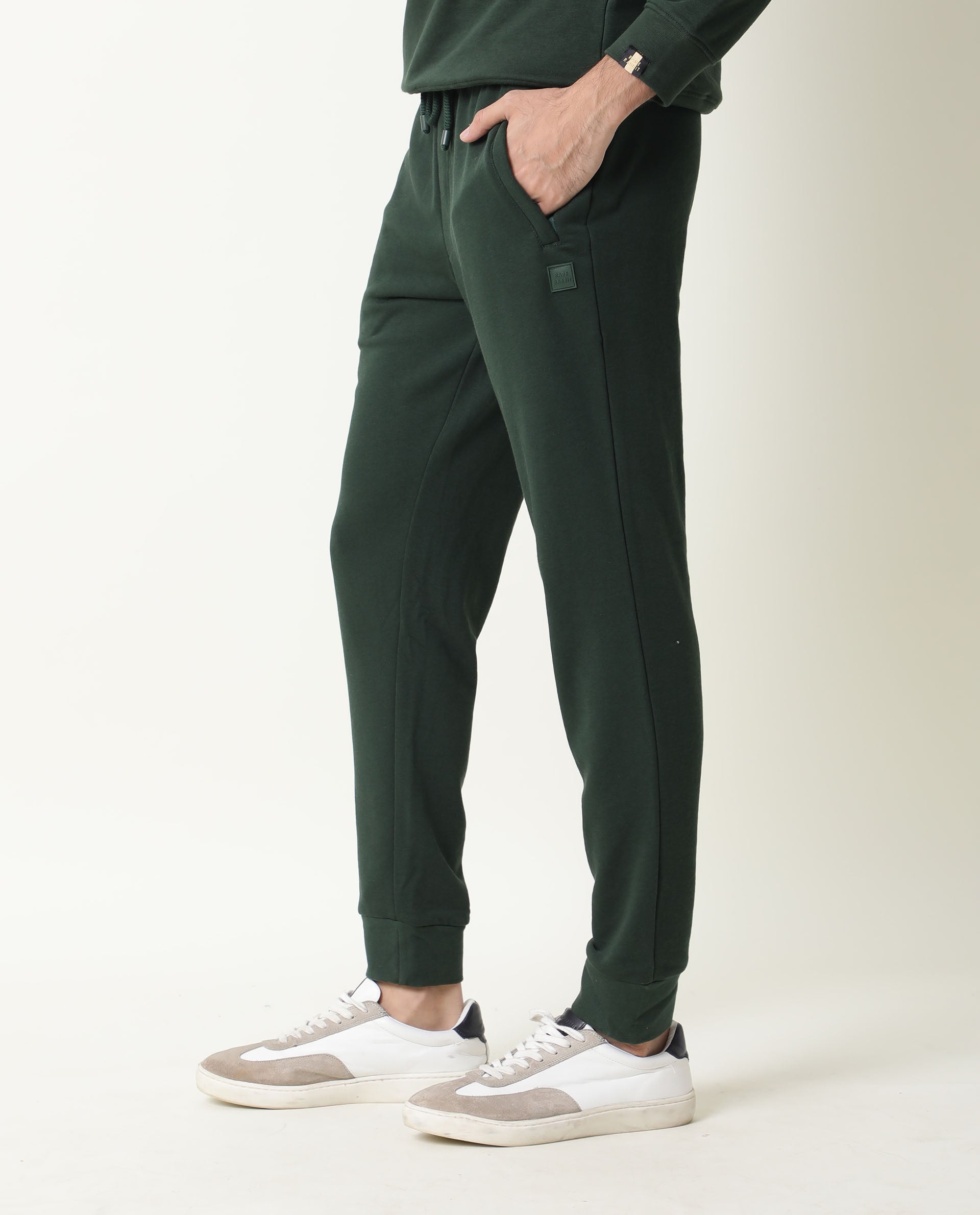Rare Rabbit Arvon Dark Green Track Pant Cotton Poly Fabric Slim Fit Drawsting Closure