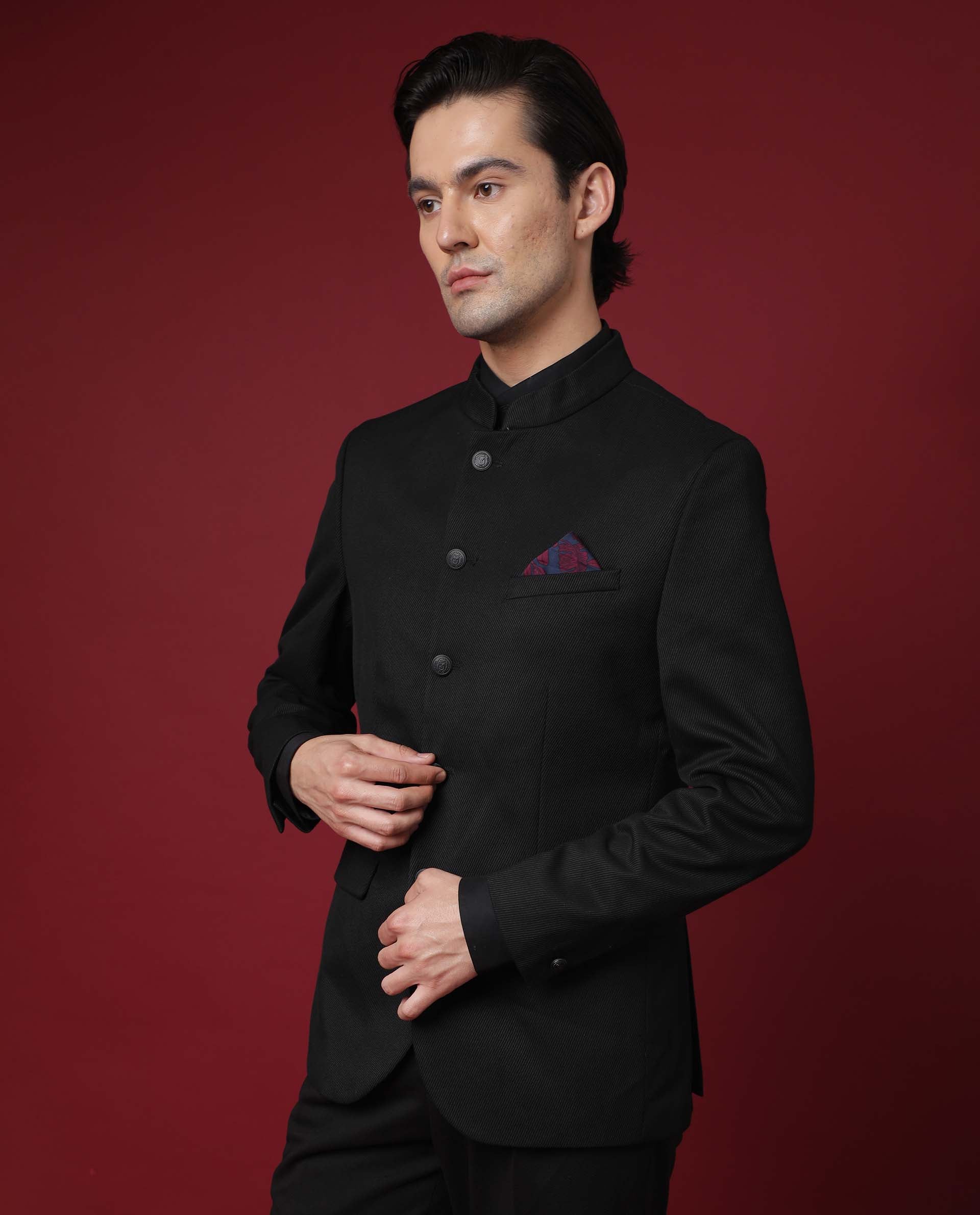 Rare Rabbit Men's Edit Band Black Mandarin Collar Tailored Fit Twill Textured Bandhgala