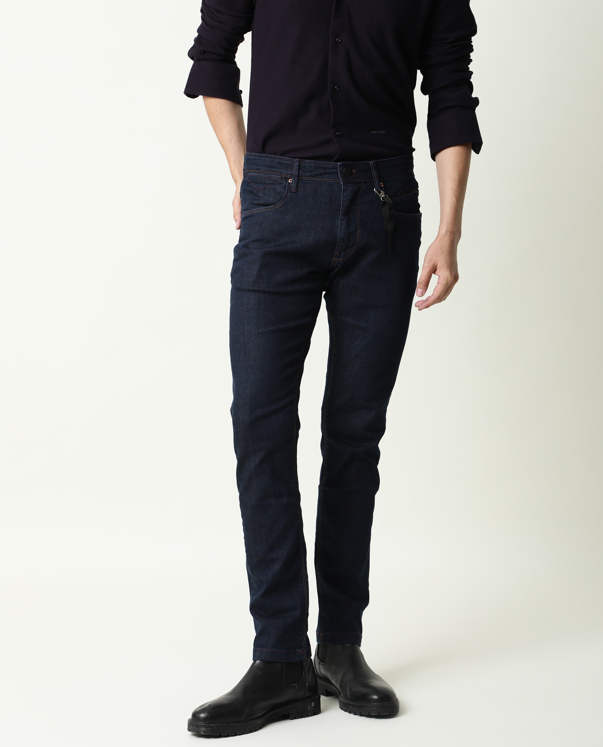 Rare Rabbit Men's Dratt-2 Navy Dark Wash Mid-Rise Slim Fit Jeans