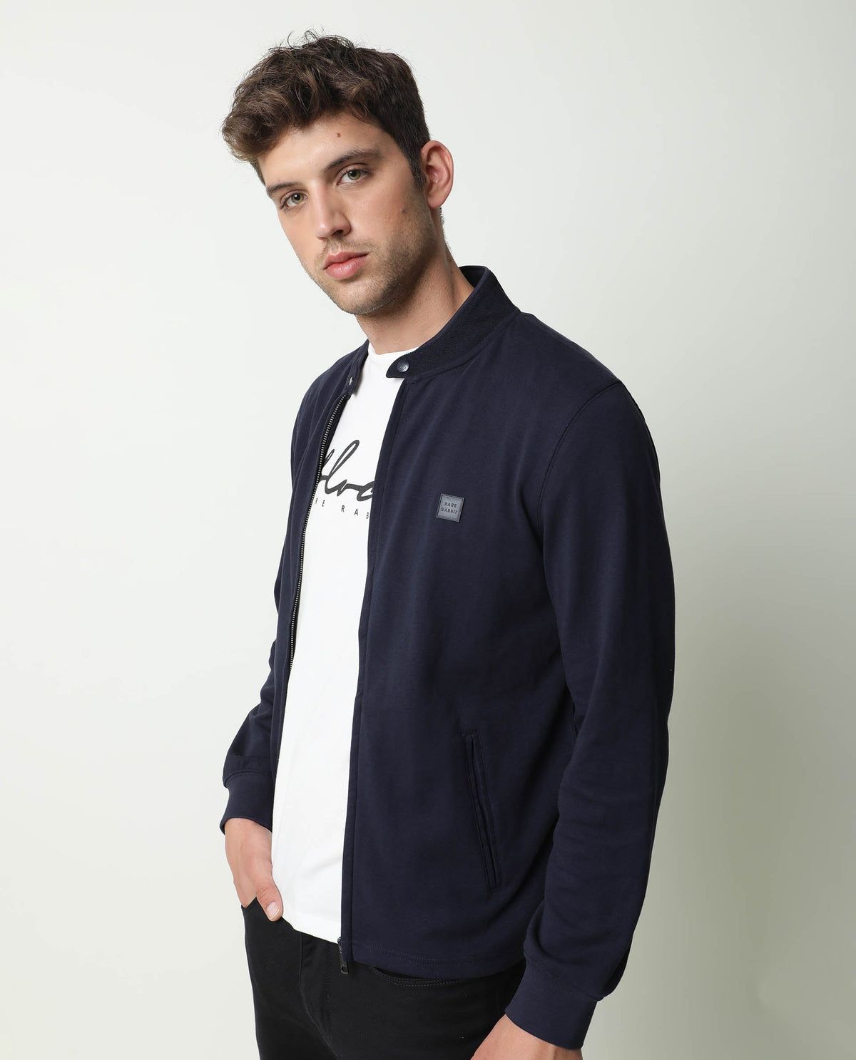 Rare Rabbit Men's Morris Navy Plain Cotton Knit Jacket