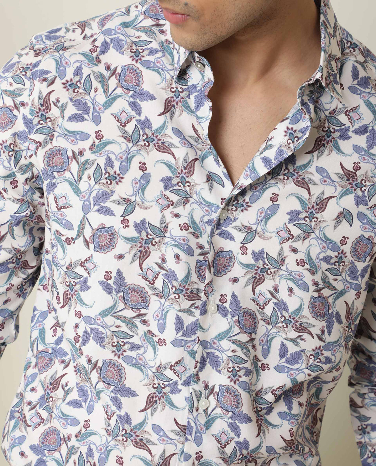 Rare Rabbit Men's Lambos White Viscose Fabric Floral Print Full Sleeves Shirt