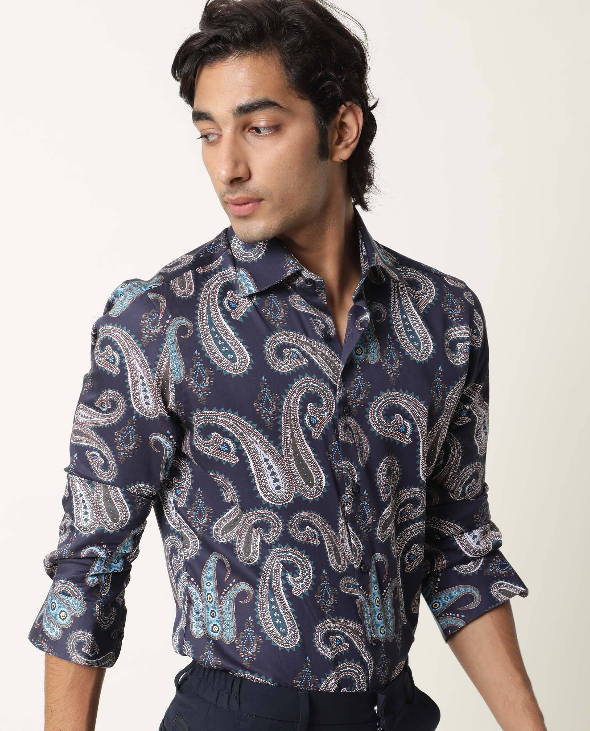 RARE RABBIT MEN'S PAZZO NAVY SHIRT COTTON FABRIC COLLARED NECK FULL SLEEVES BUTTON CLOSURE SLIM FIT