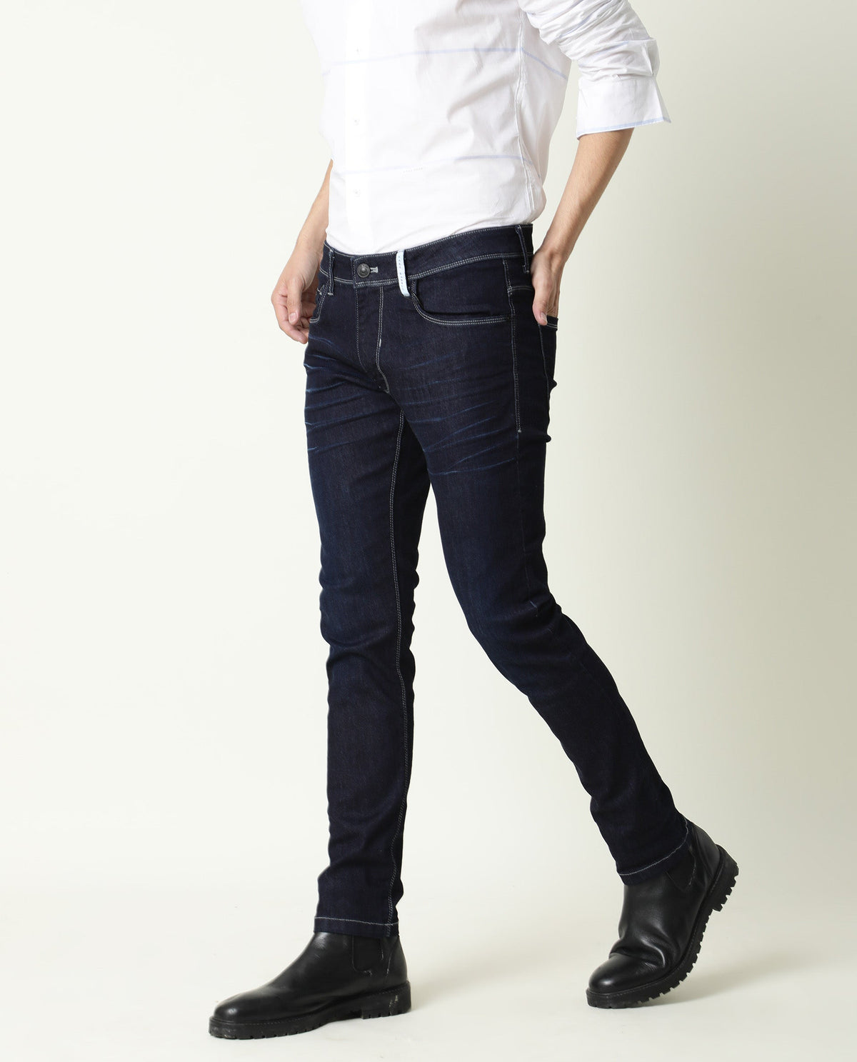 Rare Rabbit Men's Neo Blue Mid-Rise Dark Wash Slim Fit Jeans