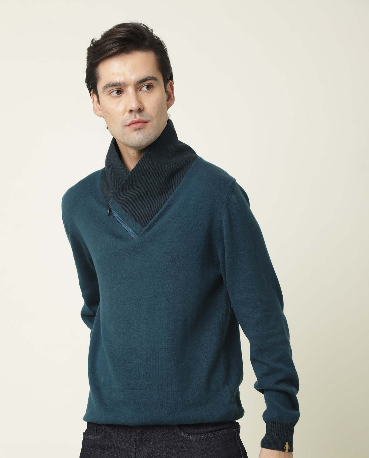RARE RABBIT MEN'S DENVER PETROL PULLOVER COTTON FABRIC COWL NECK FULL SLEEVES ZIPPER CLOSURE SLIM FIT