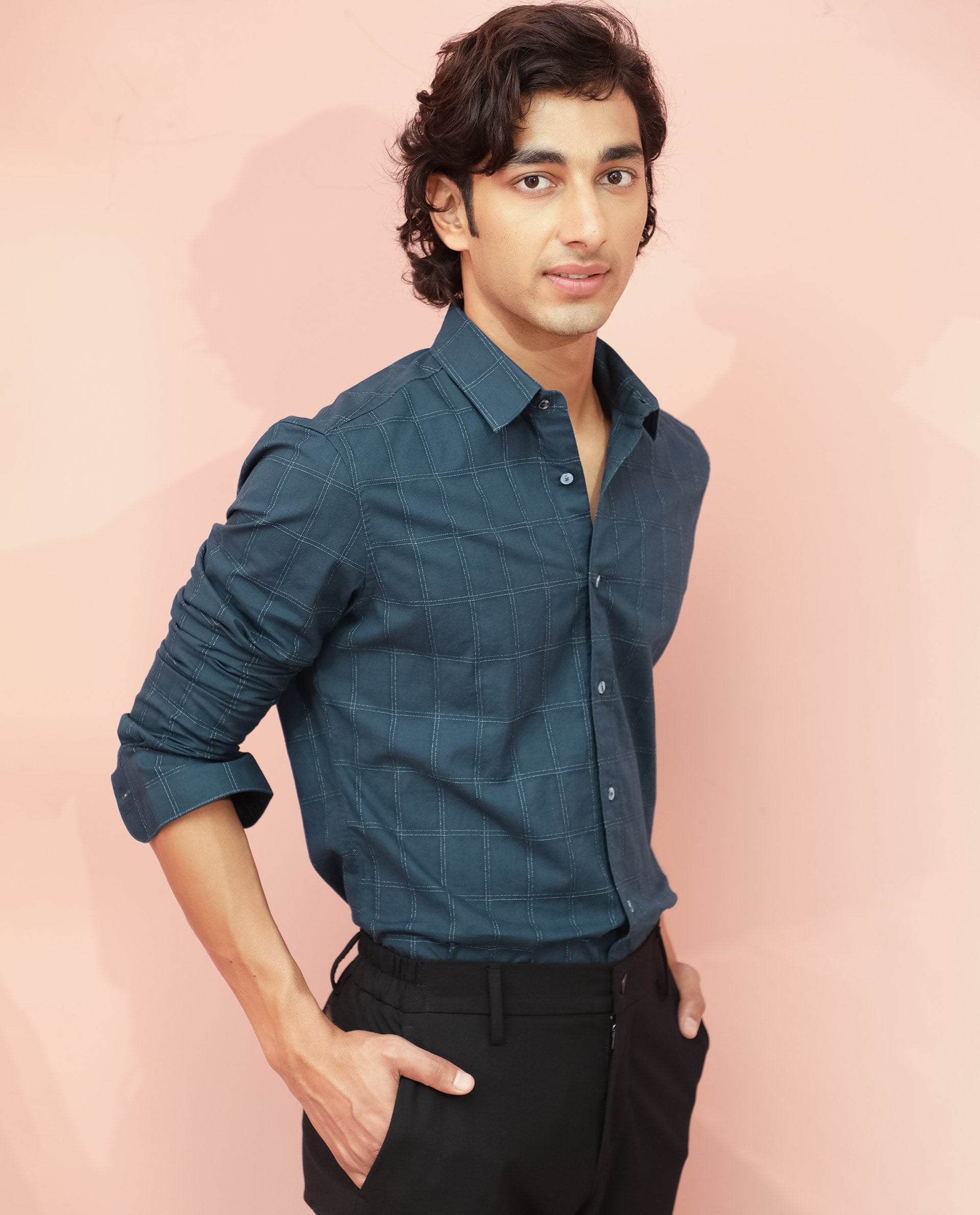 Rare Rabbit Men's Hecker Petrol Cotton Fabric Full Sleeves Dobby Checks Shirt