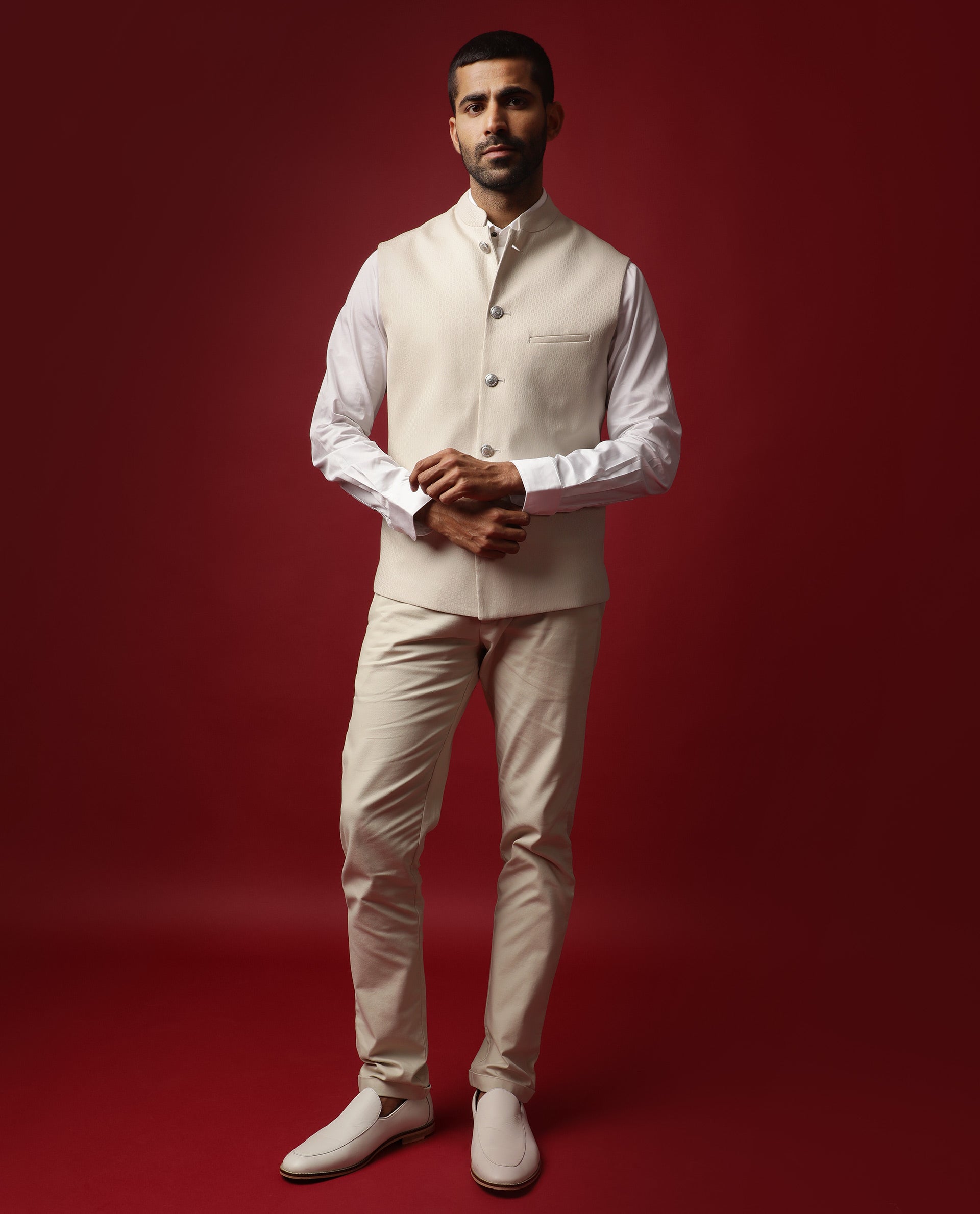 Rare Rabbit Men's Oakla Beige Mandarin Collar Tailored Fit Geometric Jacquard Bandi