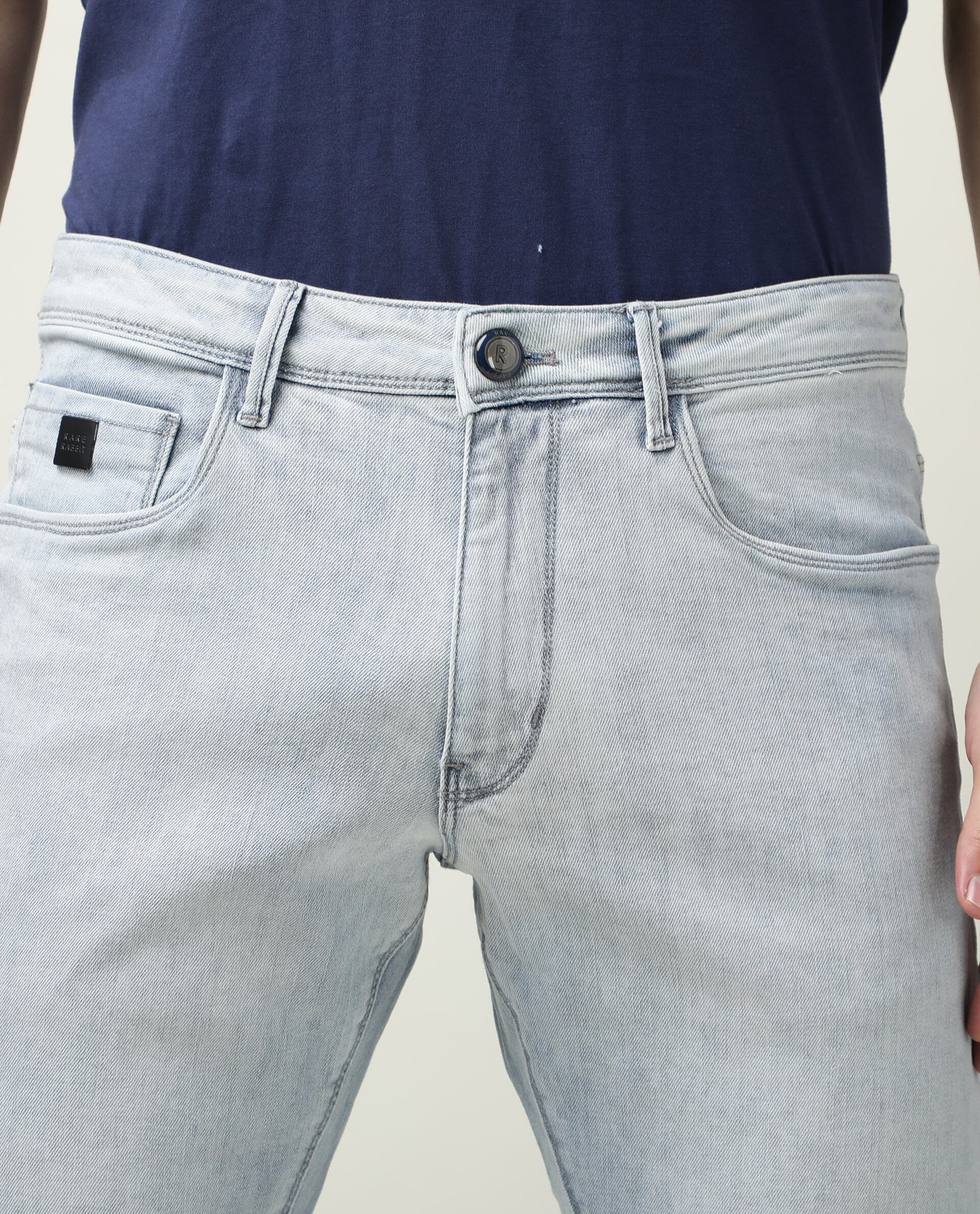 Rare Rabbit Men's Dallas Light Blue Ice Wash Mid-Rise Regular Fit Jeans