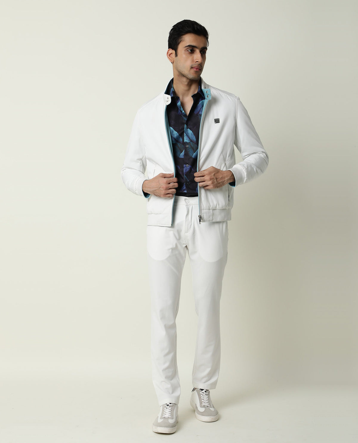 Rare Rabbit Men's Royban White Classic Mandarin Collar Bomber Jacket