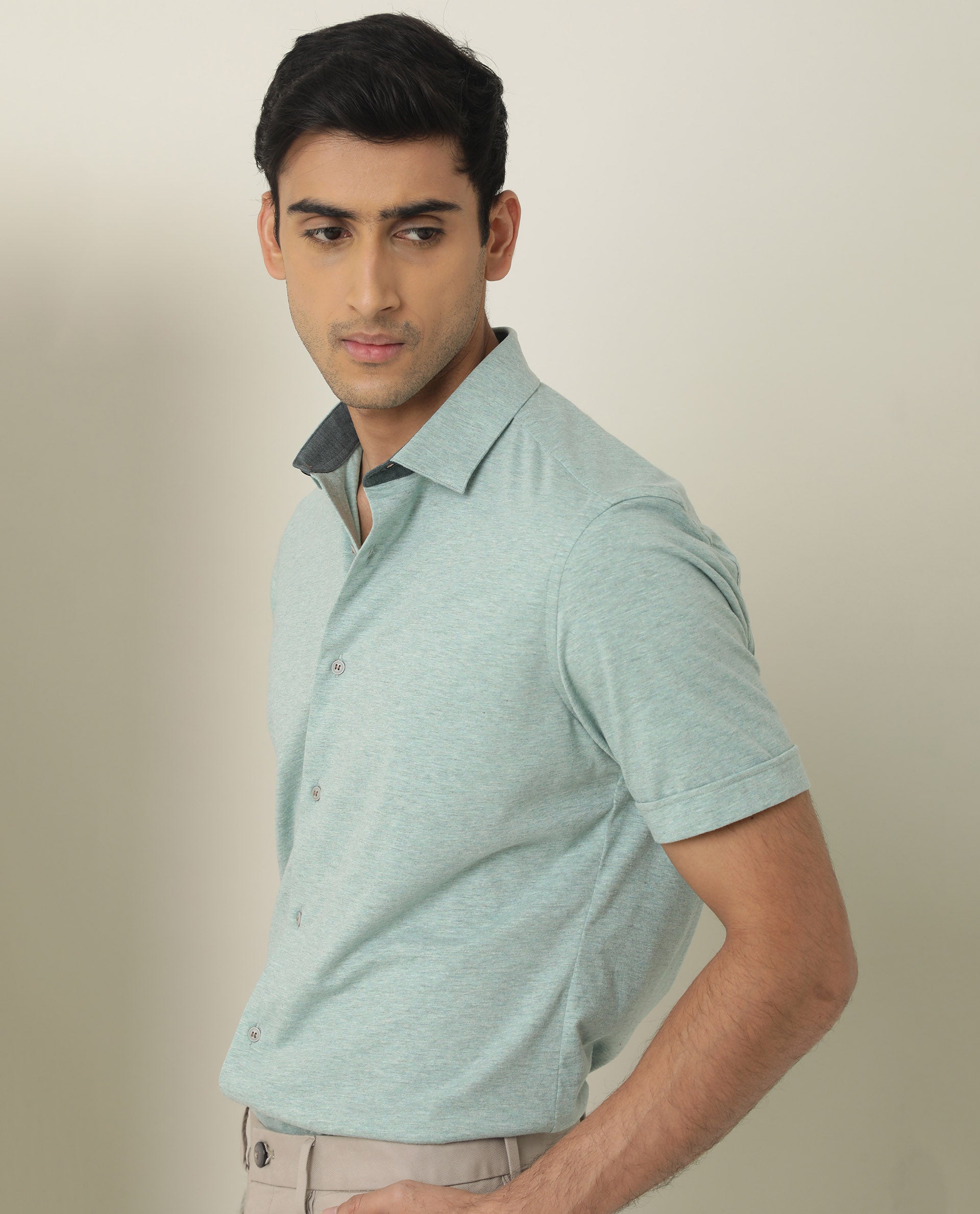 Rare Rabbit Men's Miraj Pastel Green Cotton Fabric Half Sleeves Knitted Shirt