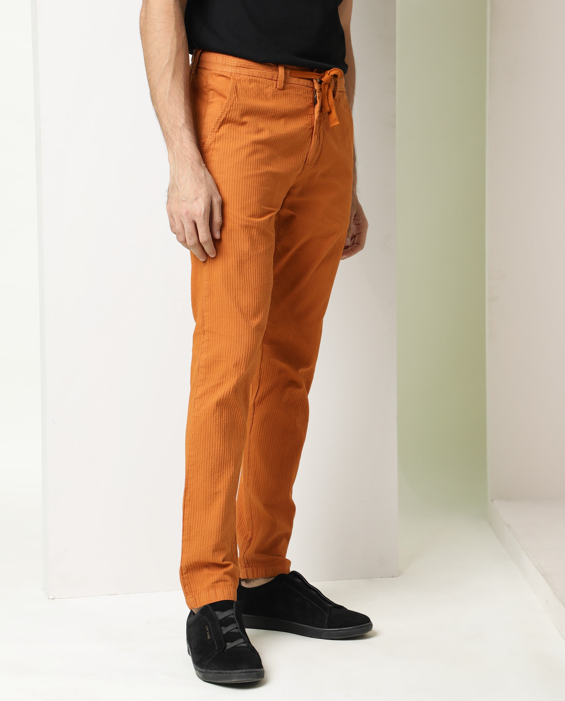 Rare Rabbit Men's Monter Orange Stripe Dobby Mid-Rise With Drawstring And Elastic Waistband Regular Fit Trouser