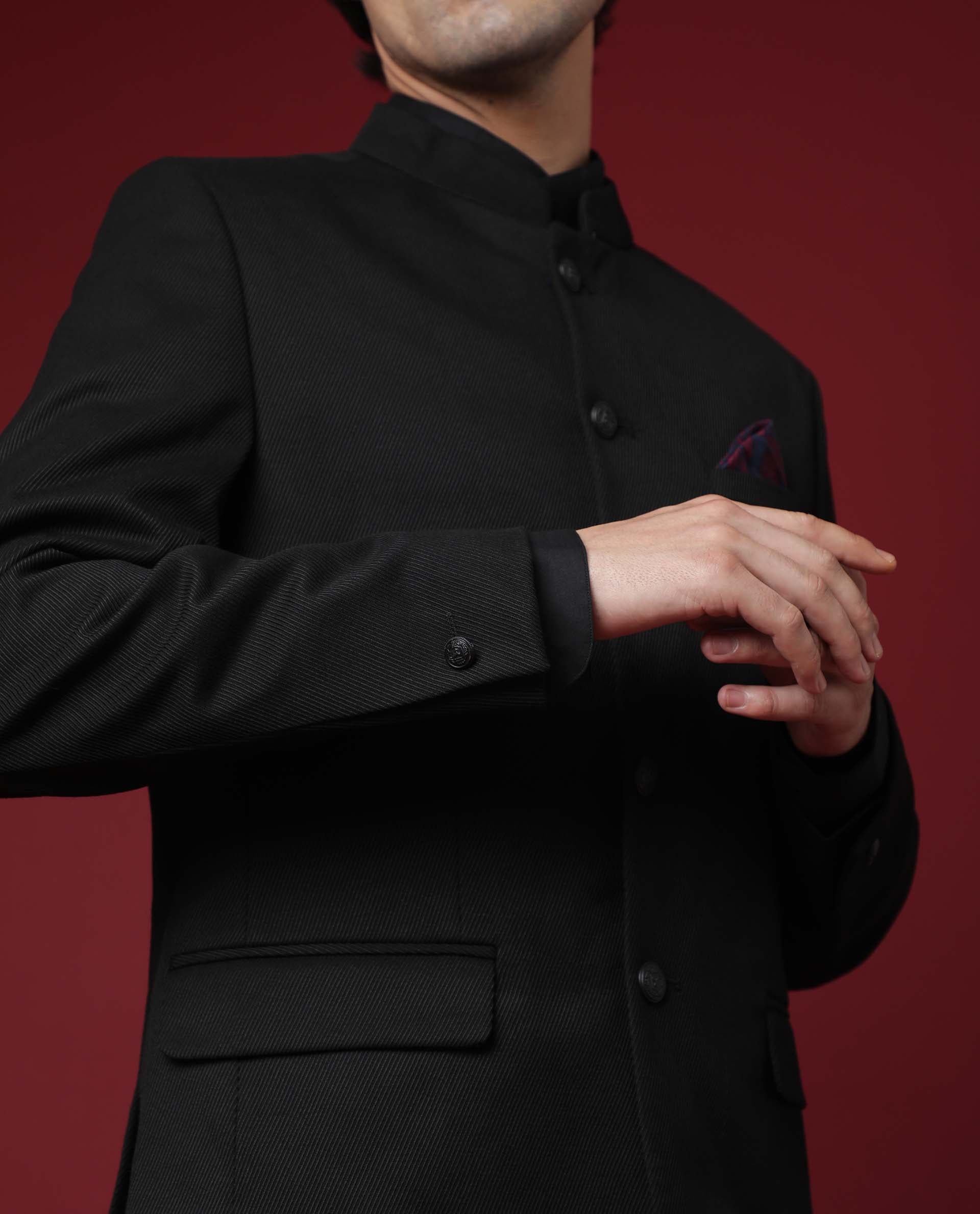 Rare Rabbit Men's Edit Band Black Mandarin Collar Tailored Fit Twill Textured Bandhgala