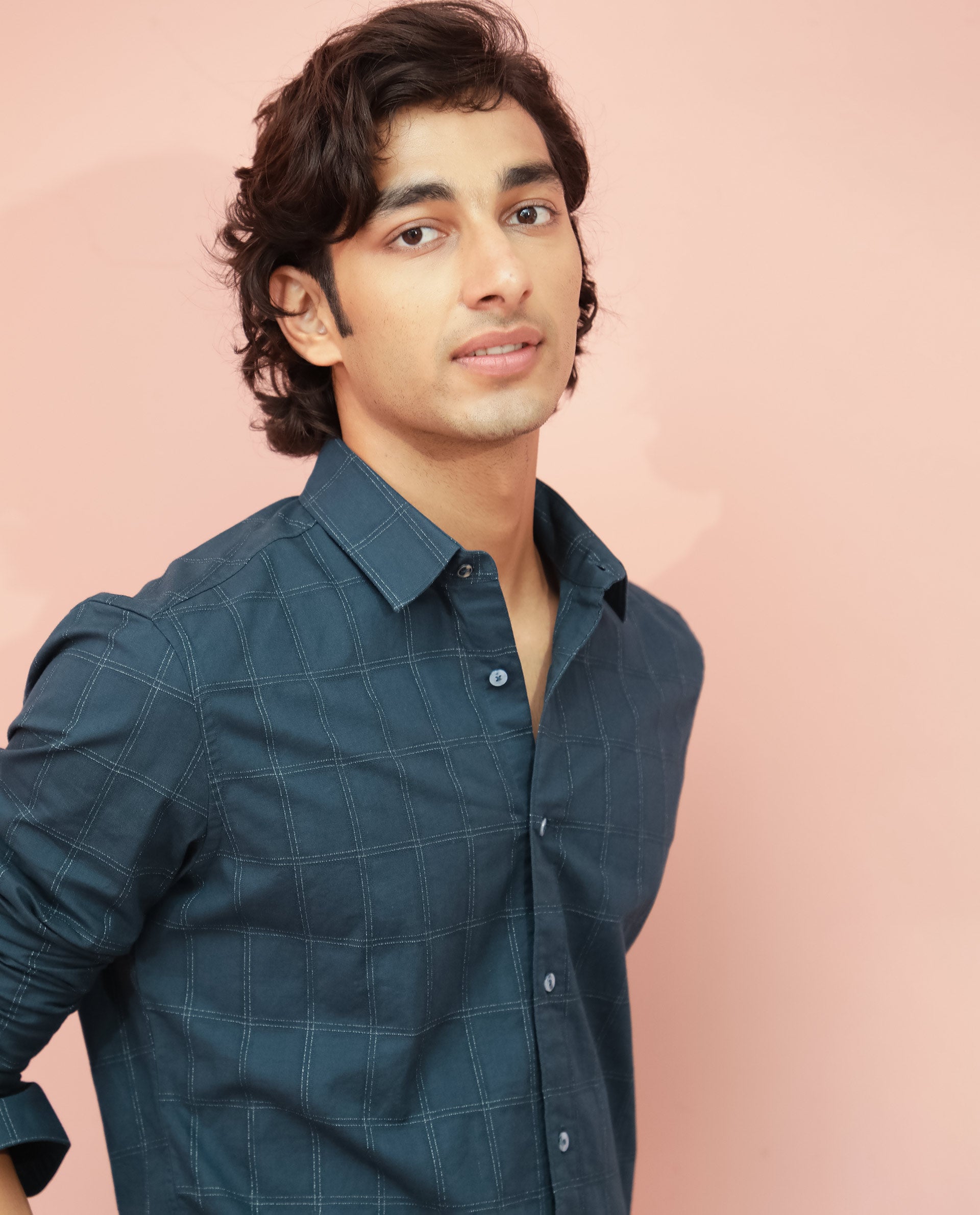 Rare Rabbit Men's Hecker Petrol Cotton Fabric Full Sleeves Dobby Checks Shirt