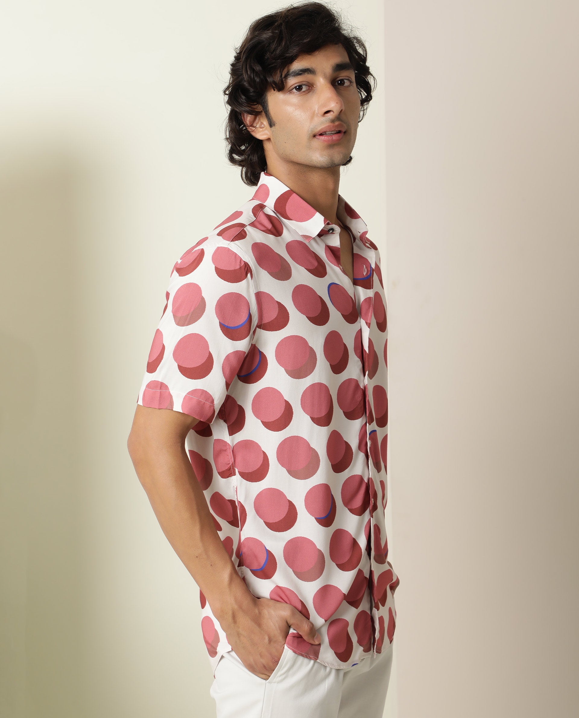 Rare Rabbit Men's Sandet Off White Viscose Fabric Geometric Print Half Sleeves Shirt