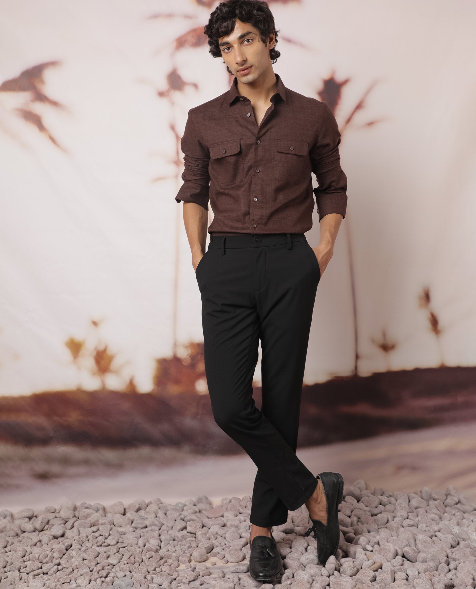 Rare Rabbit Men's Safa Brown Cotton Lyocell Fabric Full Sleeves Solid Shirt