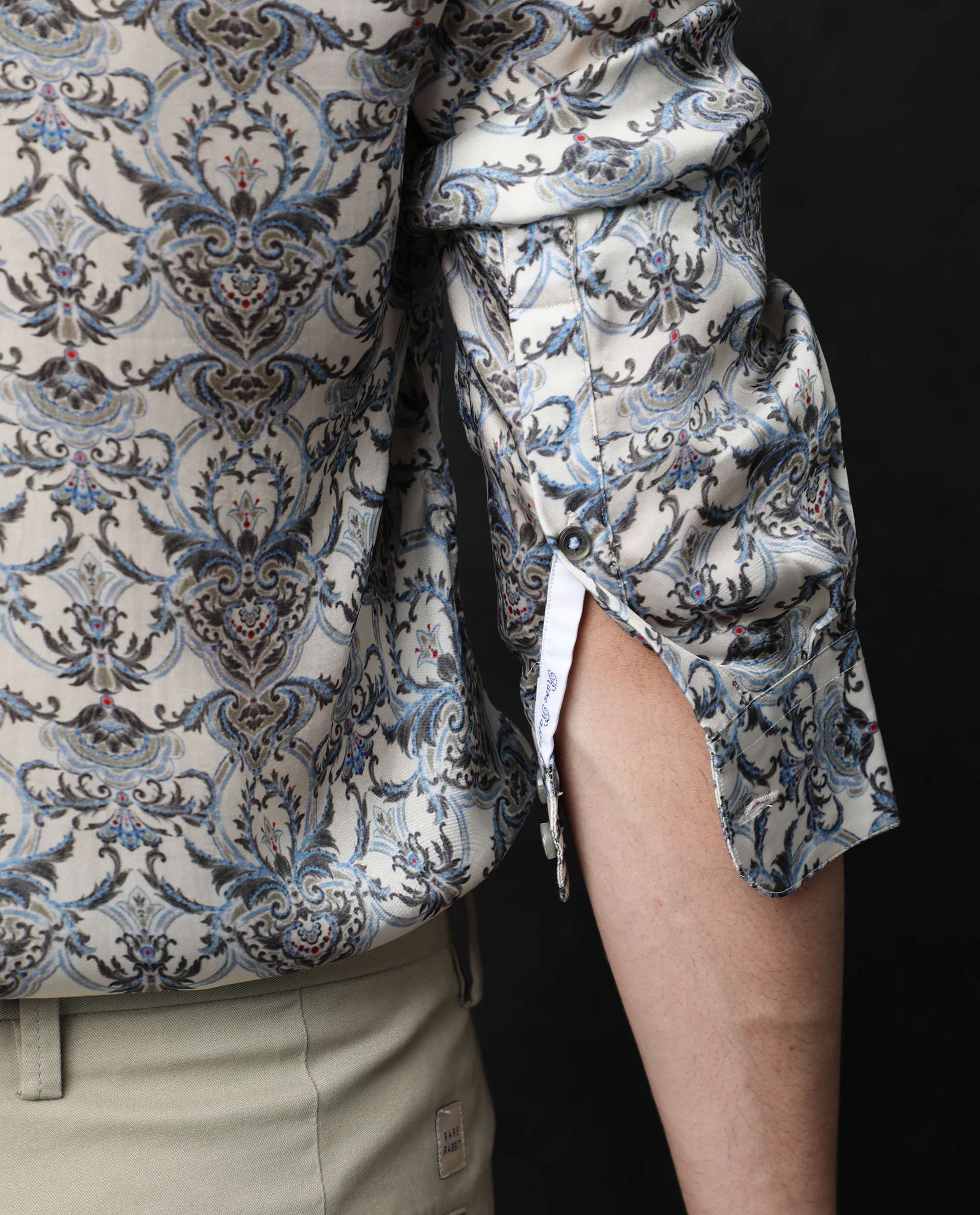 Rare Rabbit Men's Montor Beige Satin Abstract Print Full Sleeves Shirt