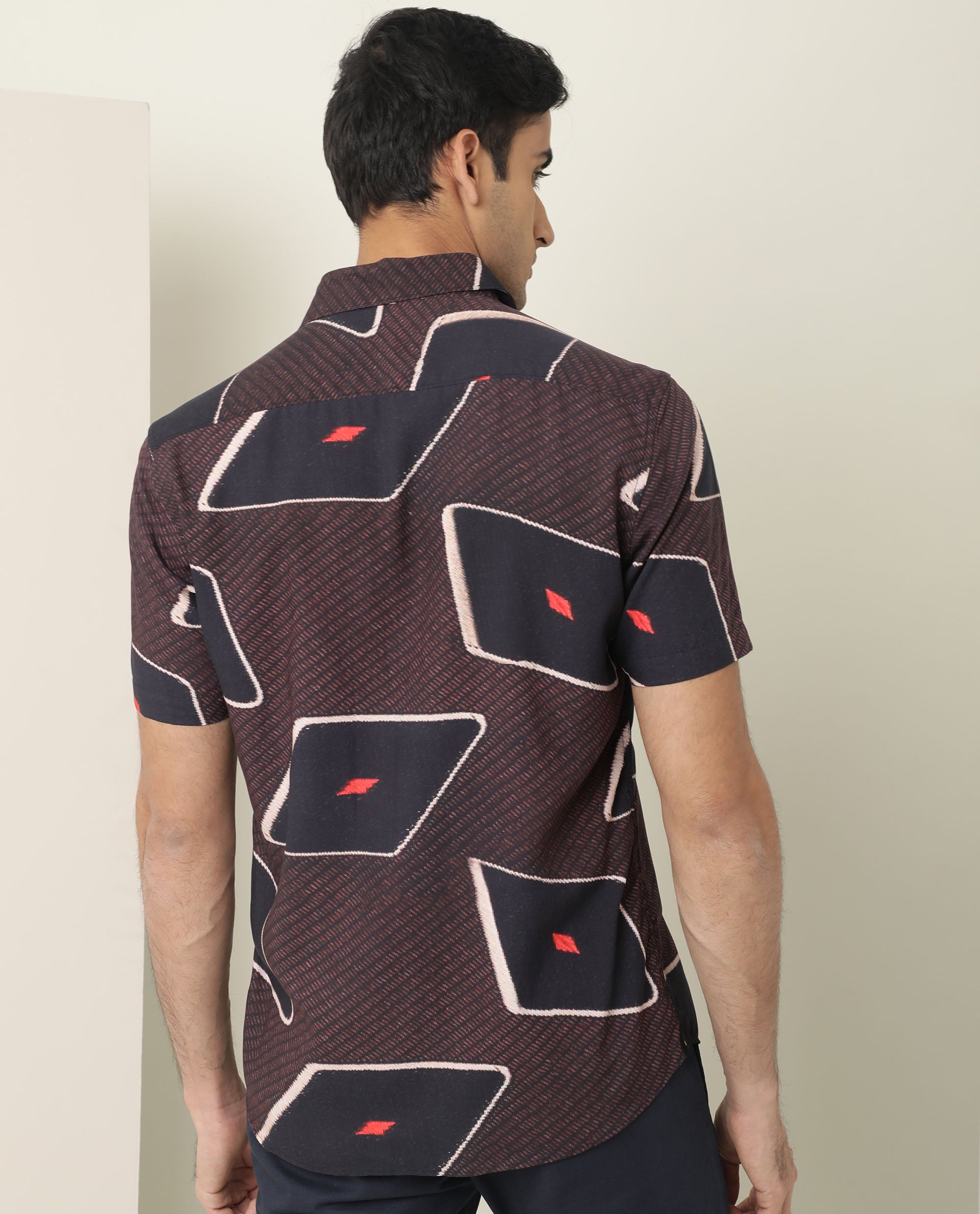 Rare Rabbit Men's Nistic Brown Viscose Fabric Geometric Print Half Sleeves Shirt
