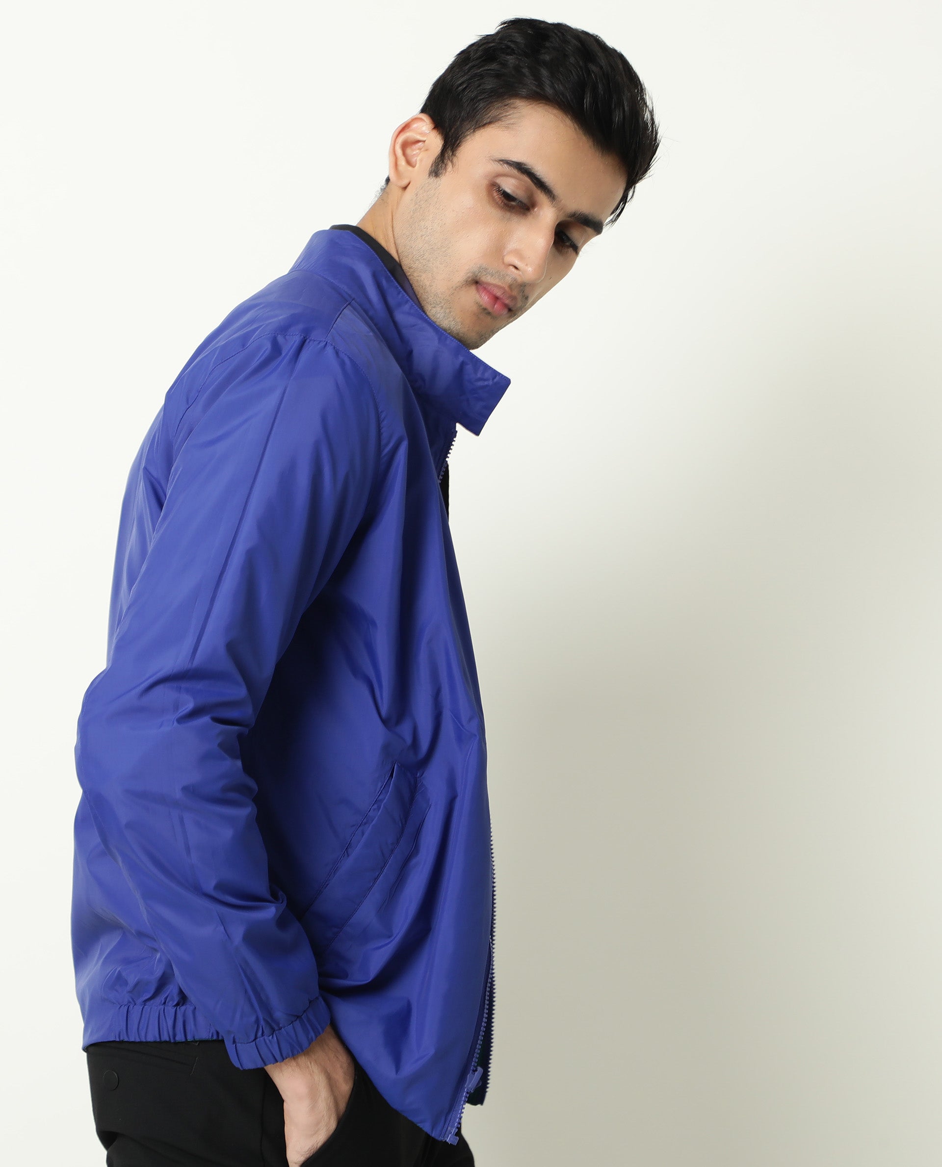 Rare Rabbit Men's Adol Petrol Plain Lightweight Band Collar Reversible Jacket