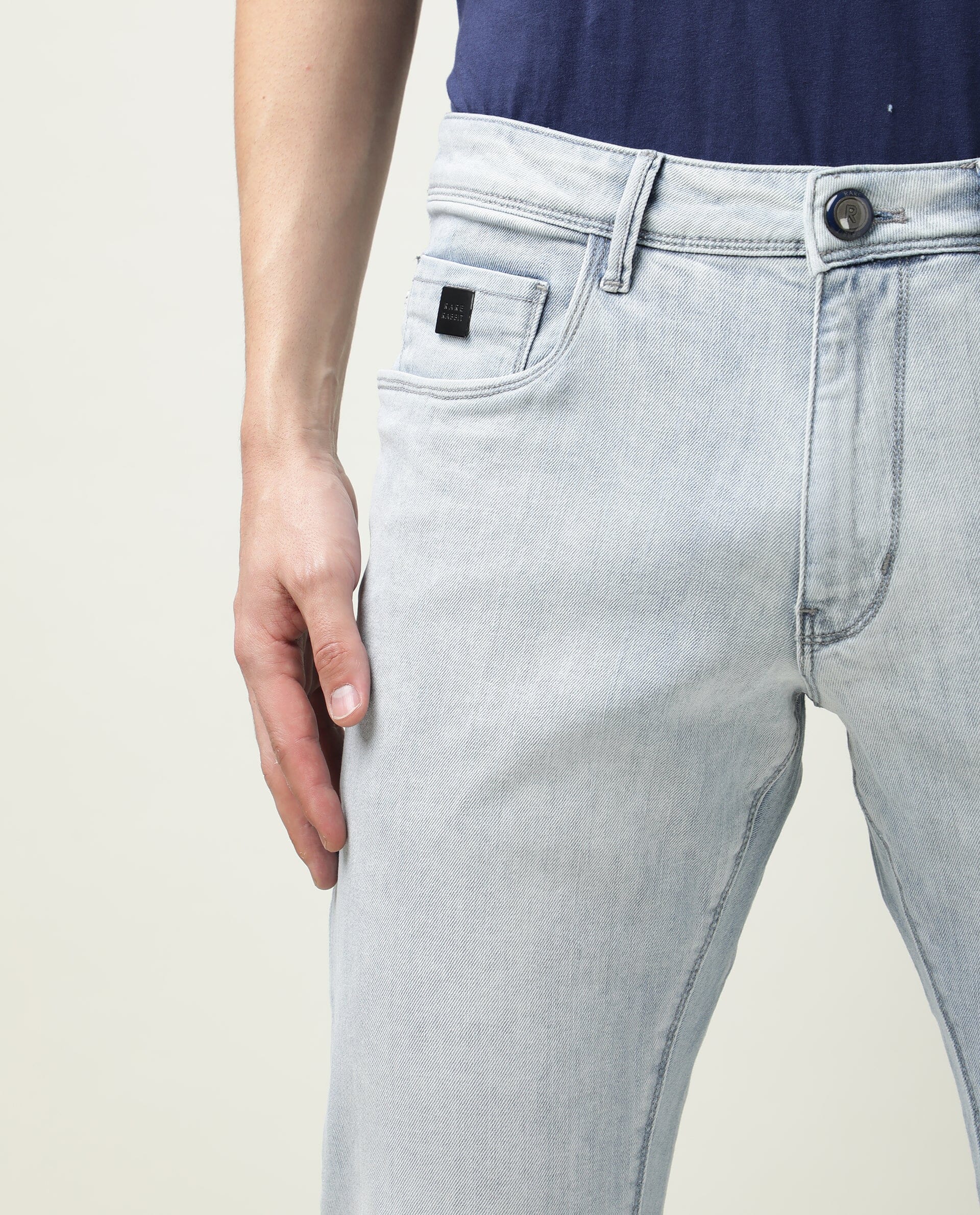 Rare Rabbit Men's Dallas Light Blue Ice Wash Mid-Rise Regular Fit Jeans