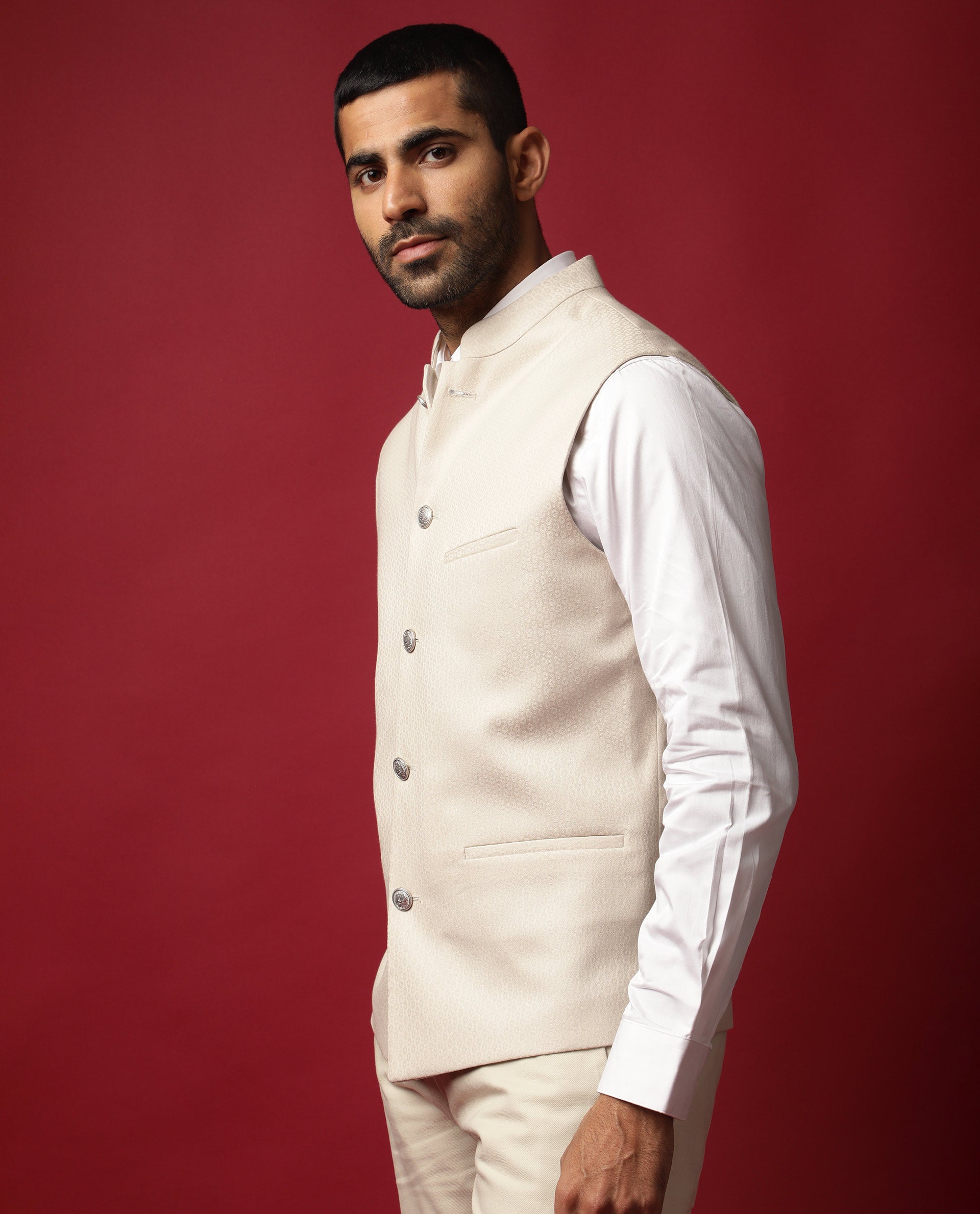 Rare Rabbit Men's Oakla Beige Mandarin Collar Tailored Fit Geometric Jacquard Bandi