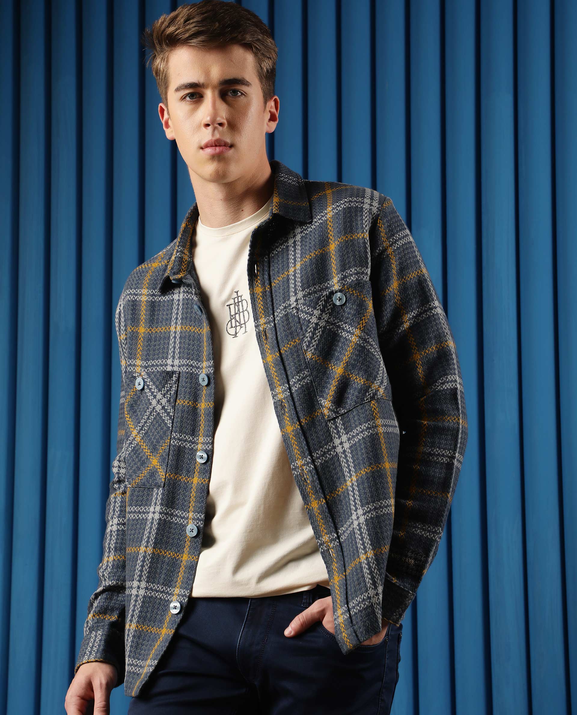 Rare Rabbit Men's Hunter Grey Checks Spread Collar Shacket