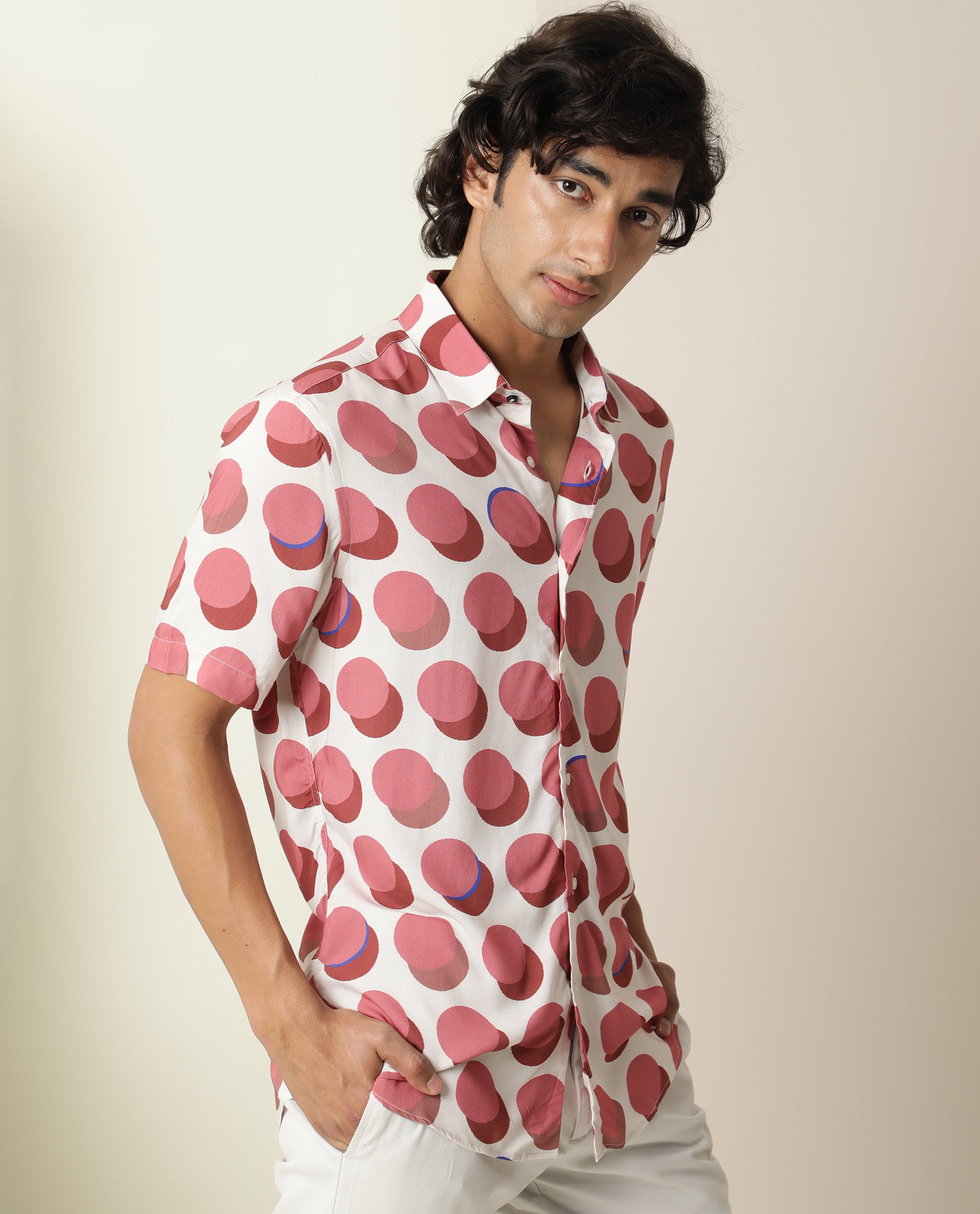 Rare Rabbit Men's Sandet Off White Viscose Fabric Geometric Print Half Sleeves Shirt