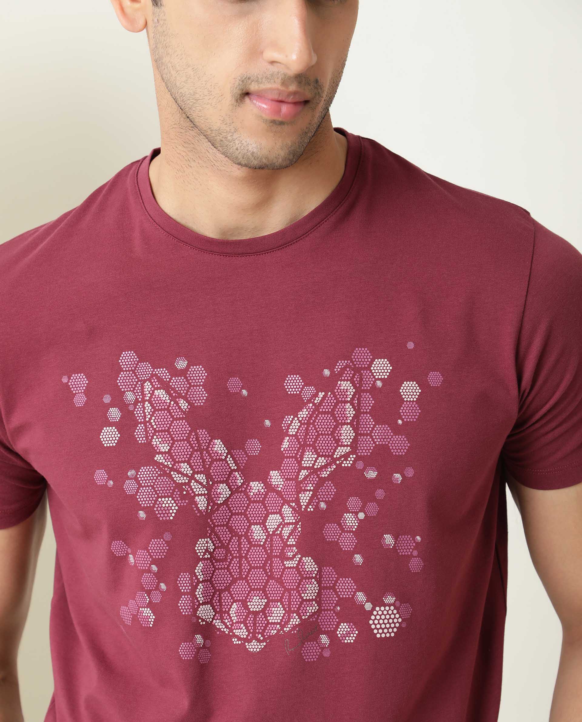 Rare Rabbit Men's Smokey Maroon Cotton Lycra Fabric Crew Neck Half Sleeves Regular Fit HD Printed Logo T-shirt