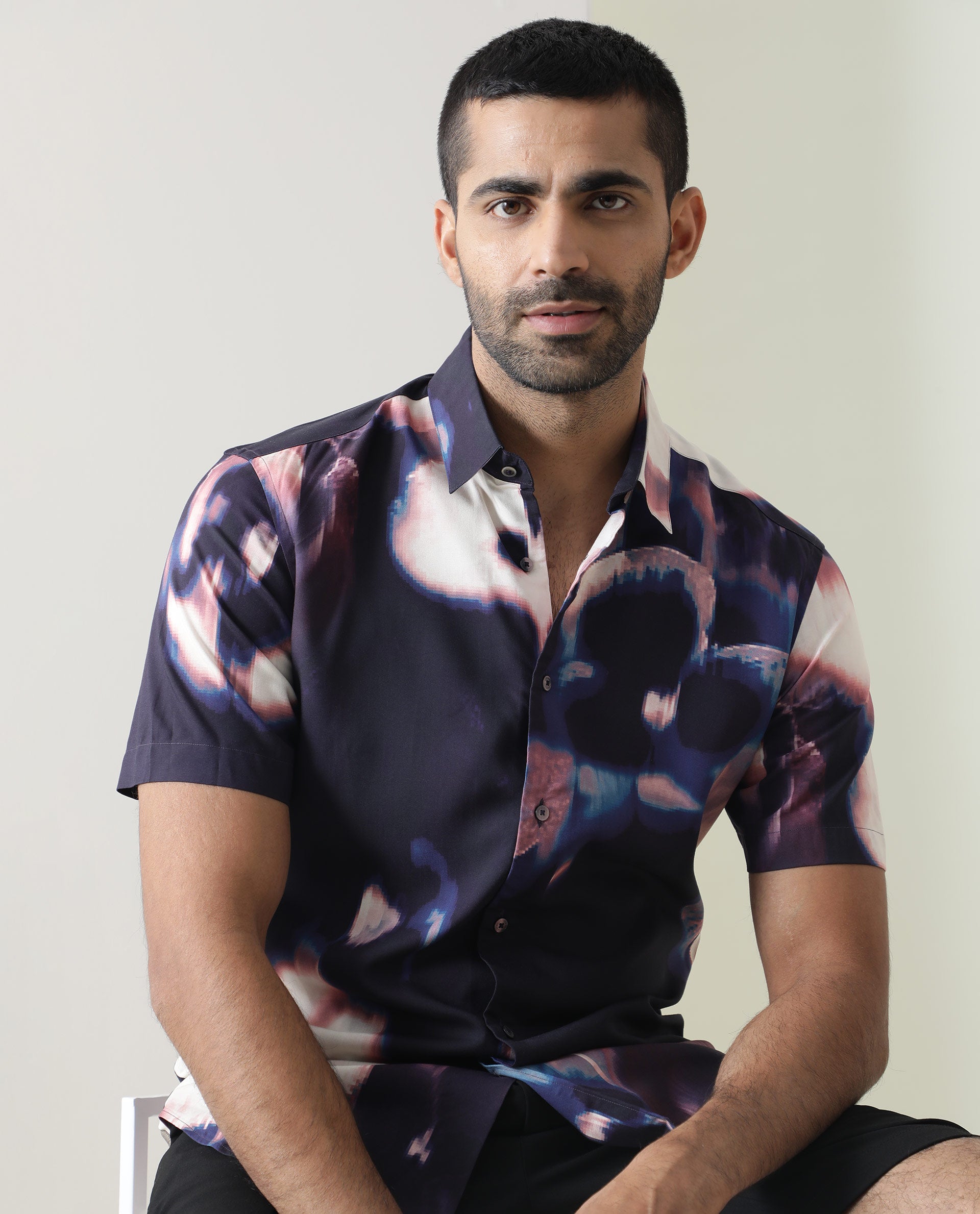 Rare Rabbit Men's Torio Navy Viscose Fabric Abstract Floral Print Half Sleeves Shirt