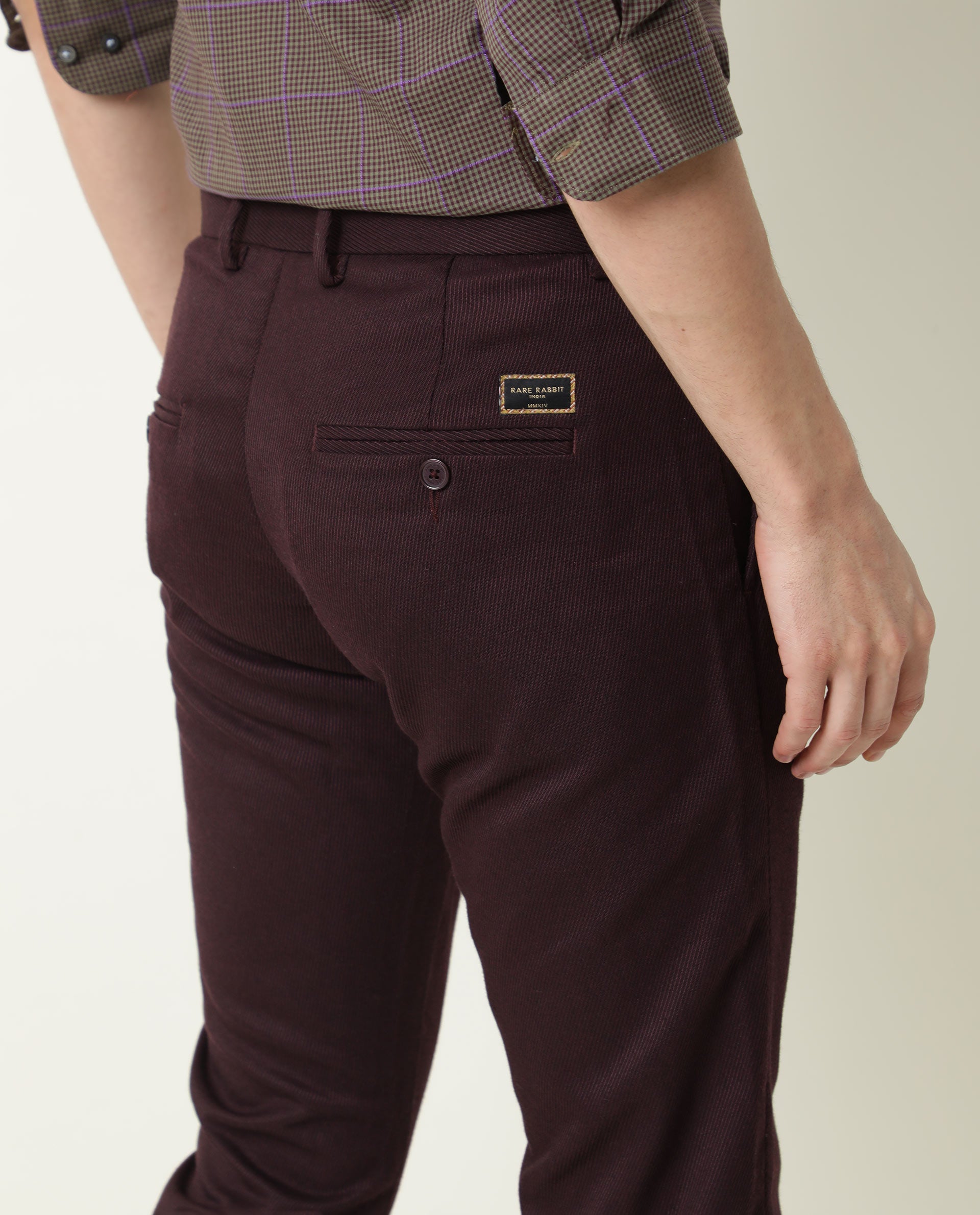 Rare Rabbit Men's Edit Dark Maroon Poly Viscose Fabric Slim Fit Button & Zip Closure Trouser