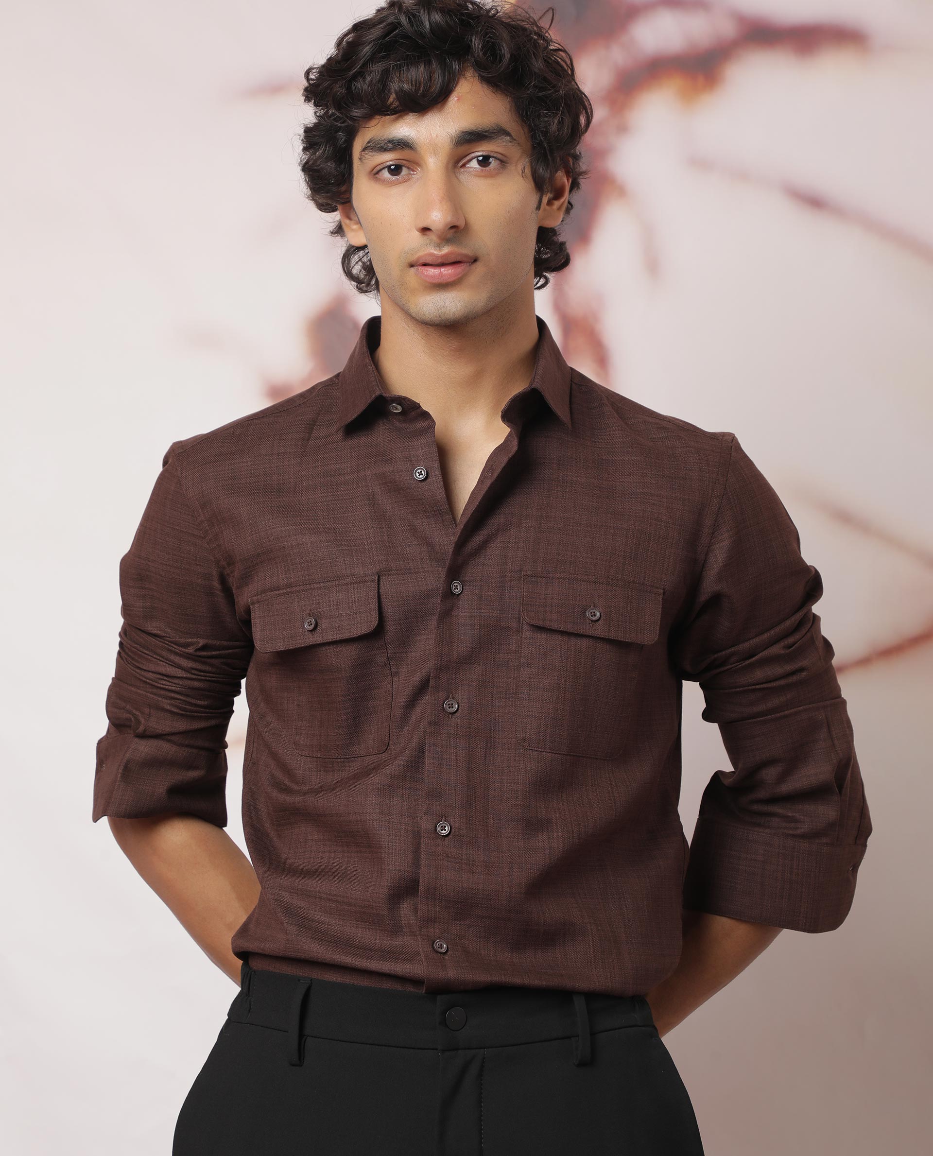 Rare Rabbit Men's Safa Brown Cotton Lyocell Fabric Full Sleeves Solid Shirt