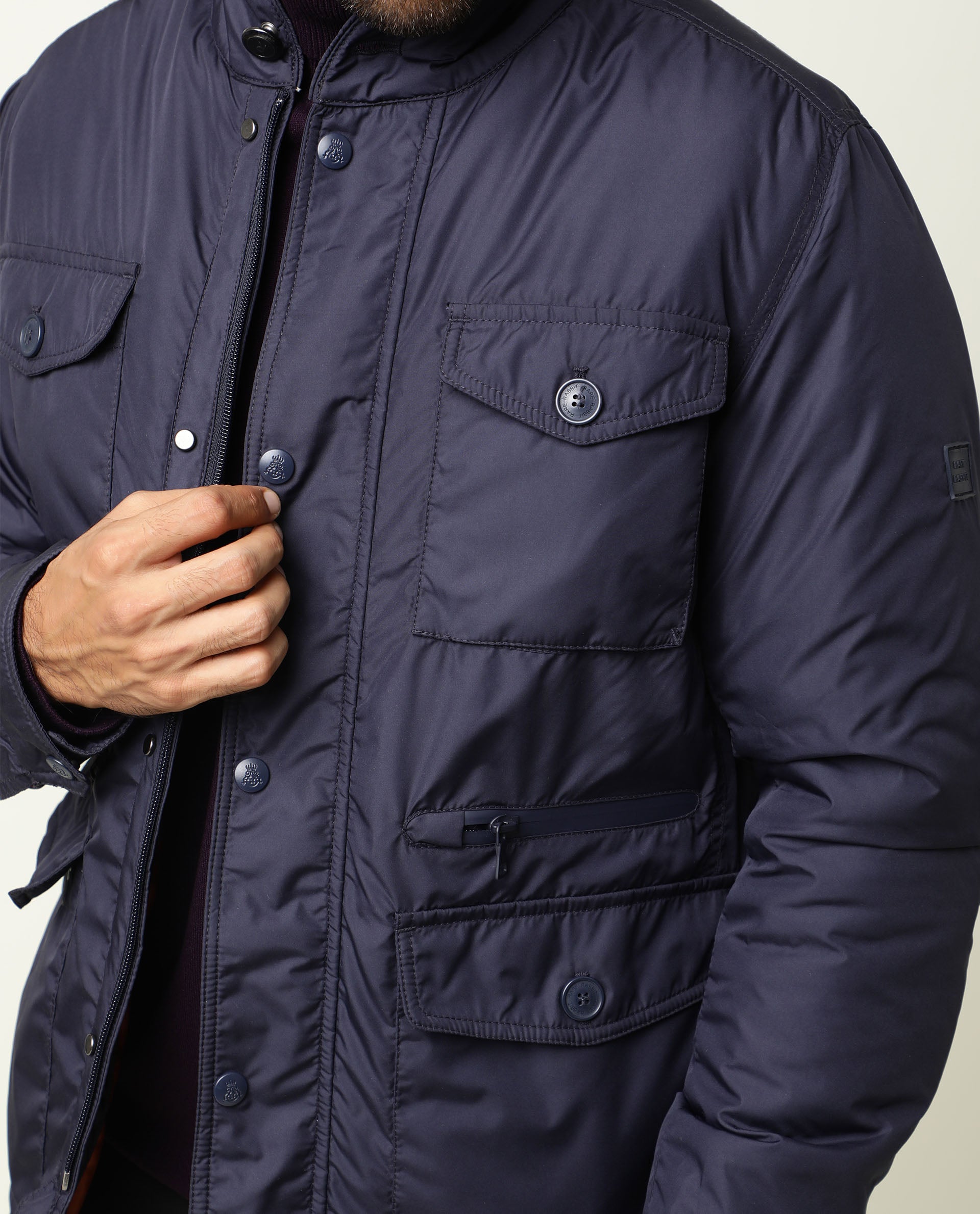 Rare Rabbit Men's Mass Navy Plain Stand Collar Puffed Jacket