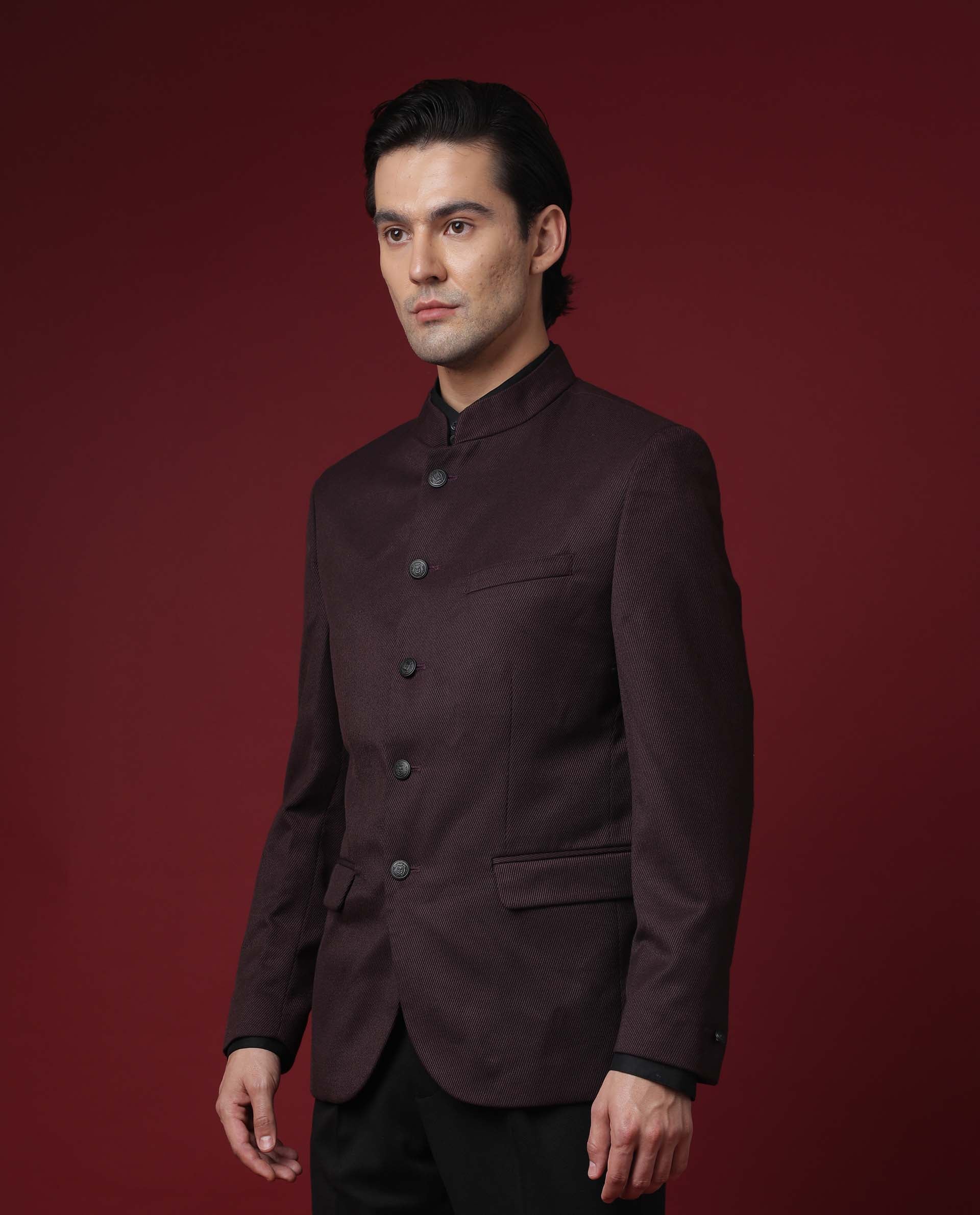 Rare Rabbit Men's Edit Band Maroon Mandarin Collar Tailored Fit Twill Textured Bandhgala