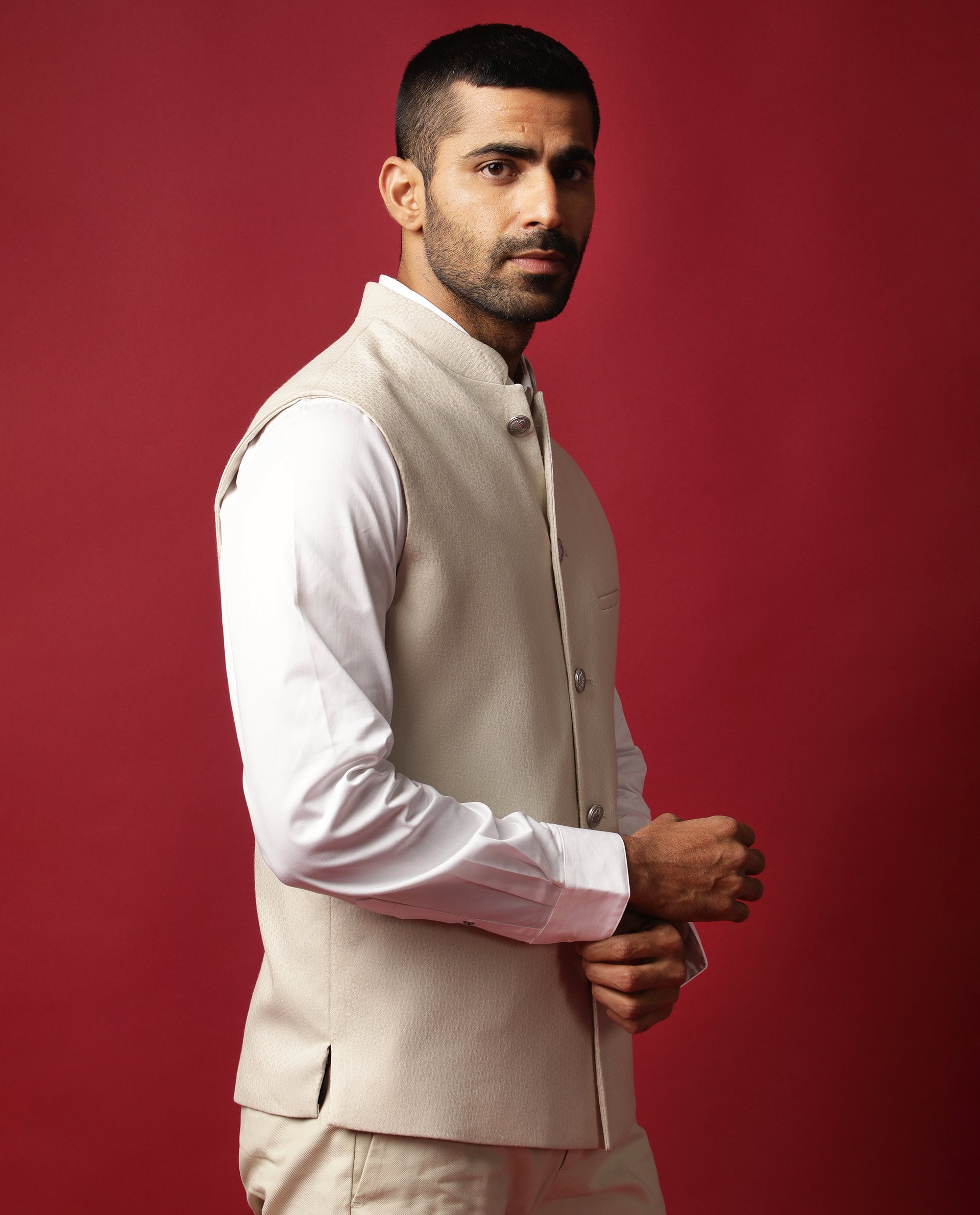 Rare Rabbit Men's Oakla Beige Mandarin Collar Tailored Fit Geometric Jacquard Bandi