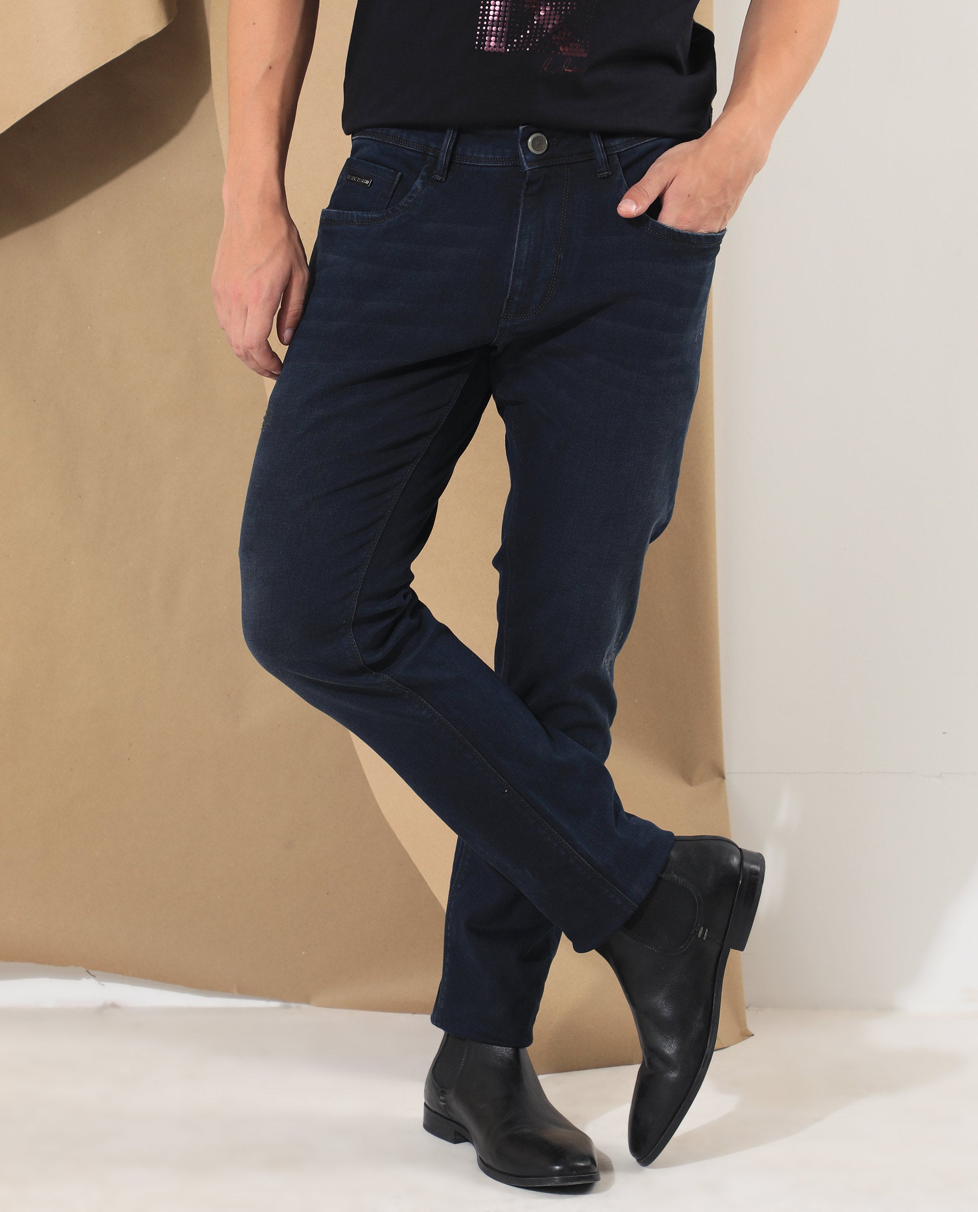 Rare Rabbit Men's Bray Blue Dark Wash Mid-Rise Slim Fit Jeans