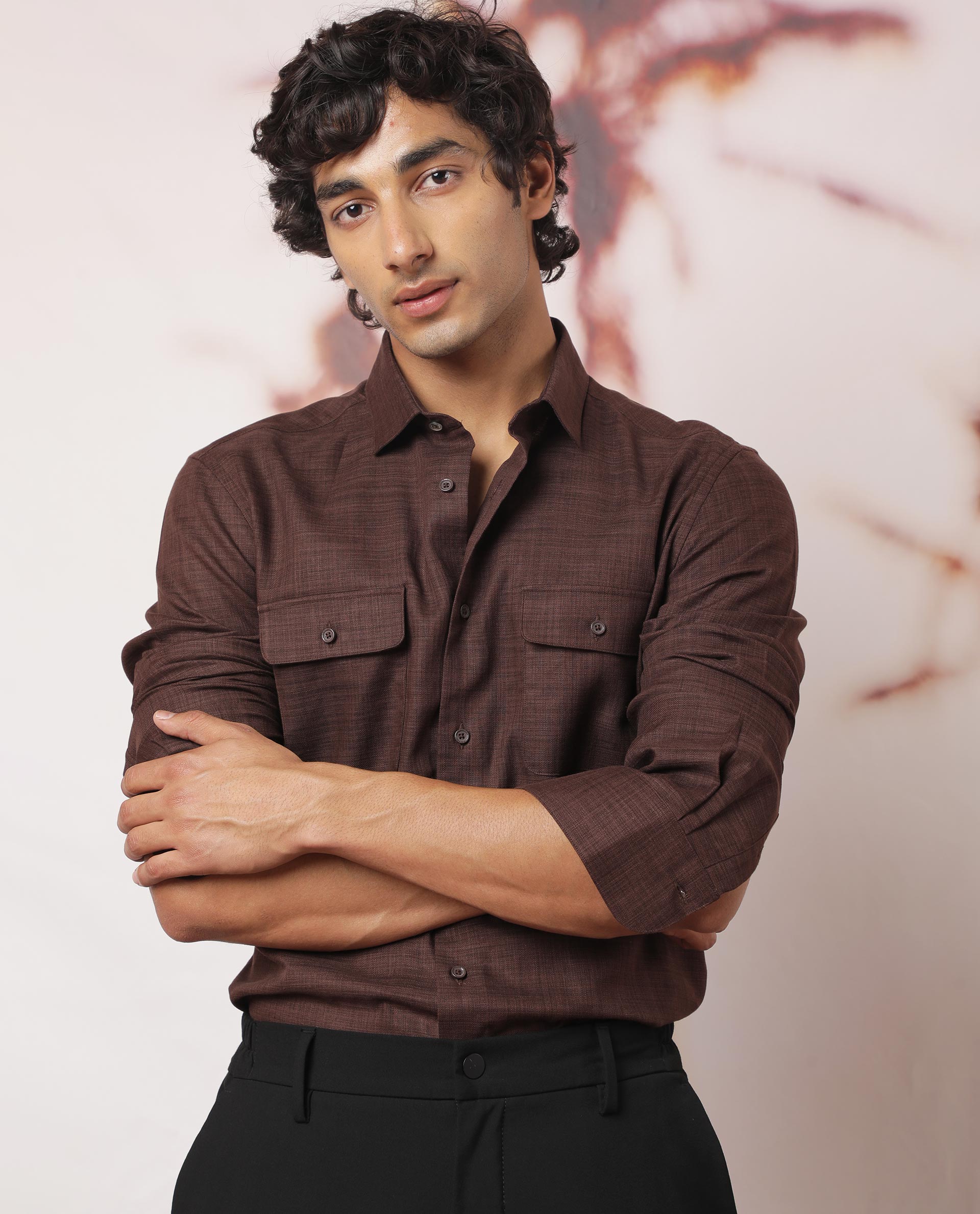 Rare Rabbit Men's Safa Brown Cotton Lyocell Fabric Full Sleeves Solid Shirt