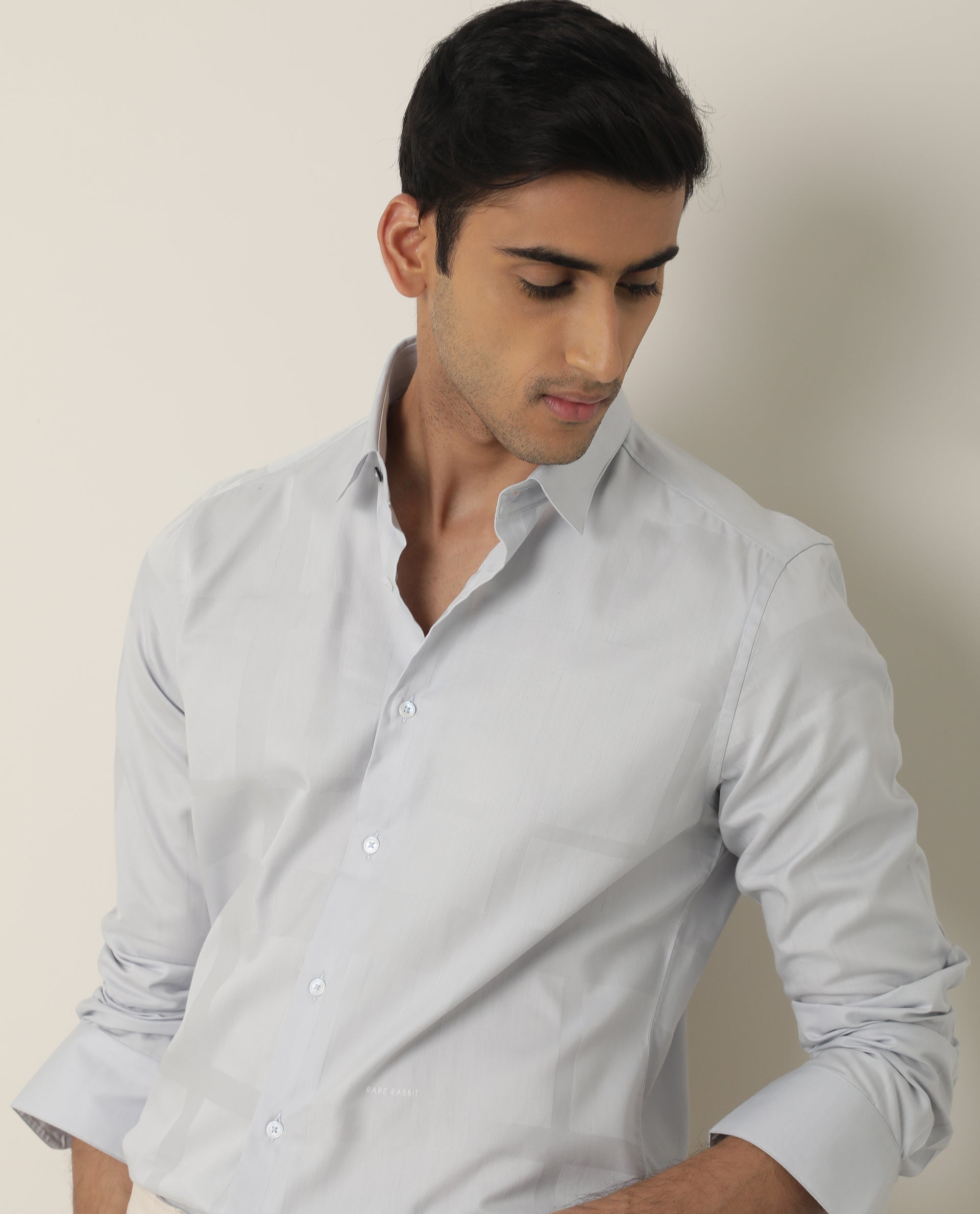 Rare Rabbit Men's Boxline Light Blue Cotton Lyocell Fabric Full Sleeves Checks Print Shirt