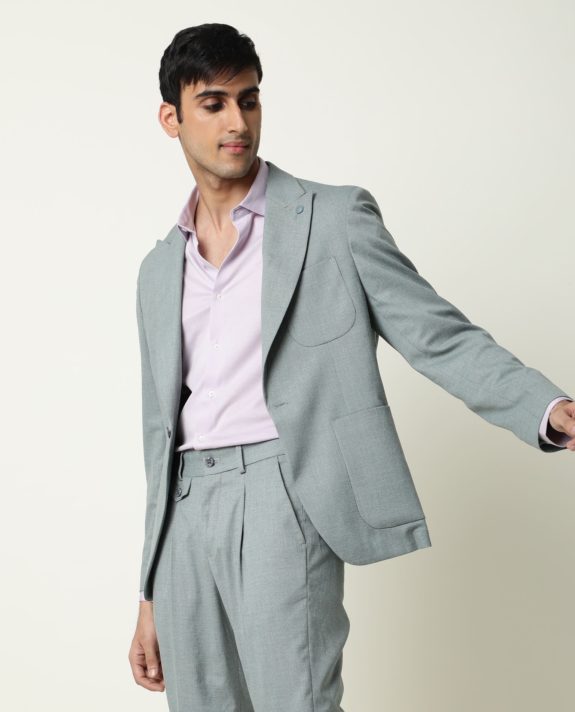 Rare Rabbit Men's Dexit Primary Green Polyester Viscose Fabric Peak Lapel Single Breasted Tailored Fit Textured Blazer