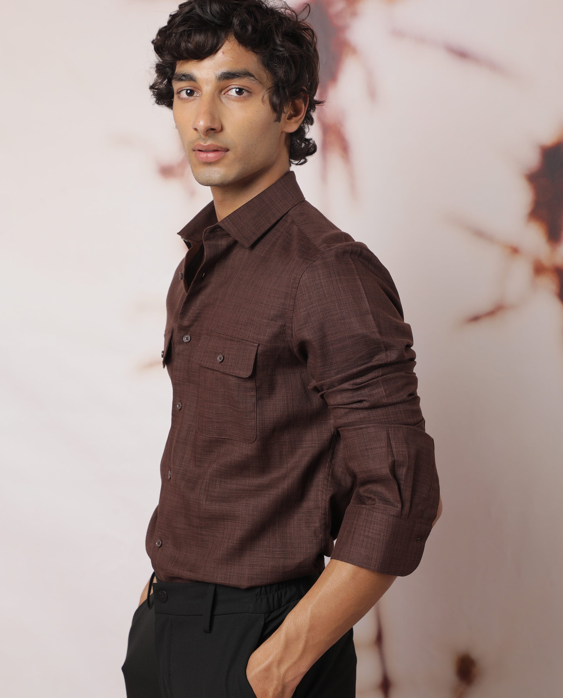 Rare Rabbit Men's Safa Brown Cotton Lyocell Fabric Full Sleeves Solid Shirt