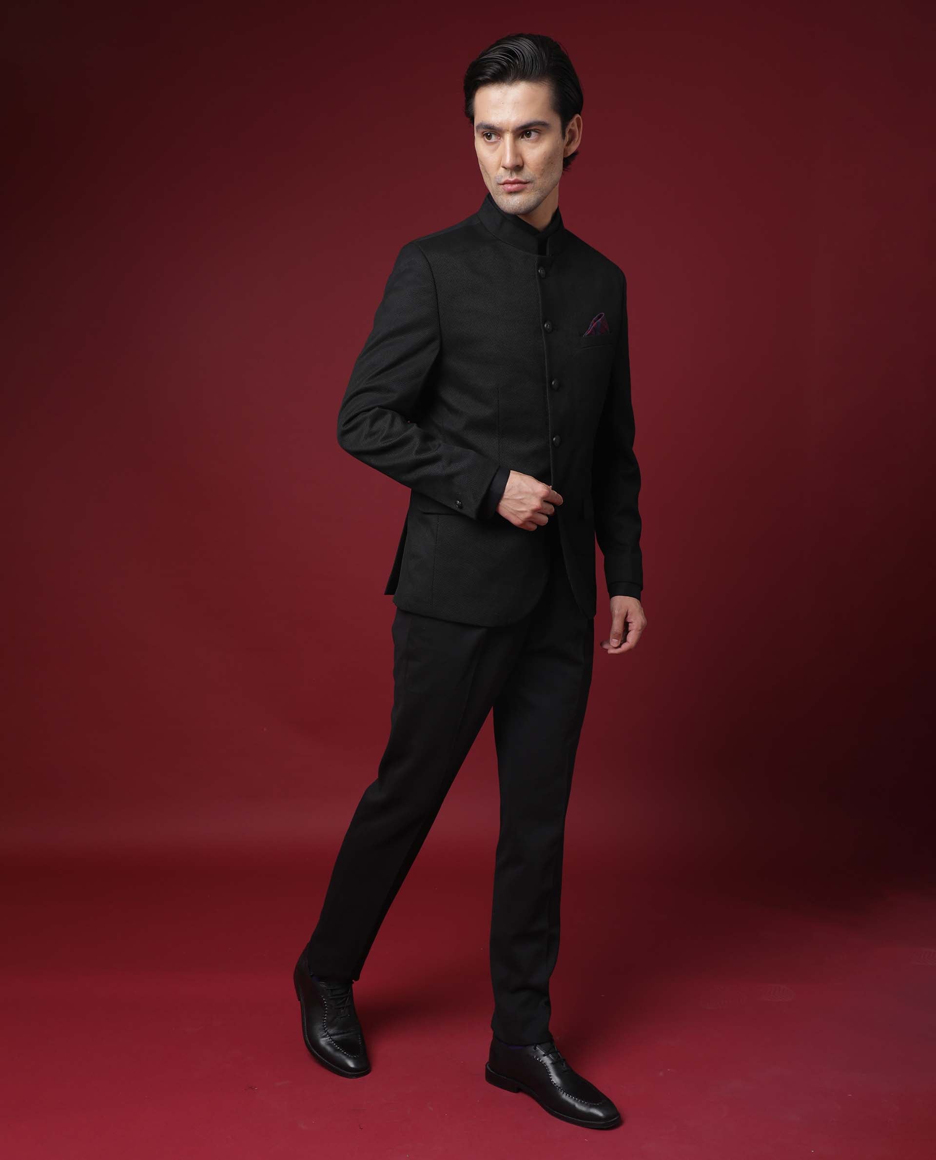 Rare Rabbit Men's Edit Band Black Mandarin Collar Tailored Fit Twill Textured Bandhgala