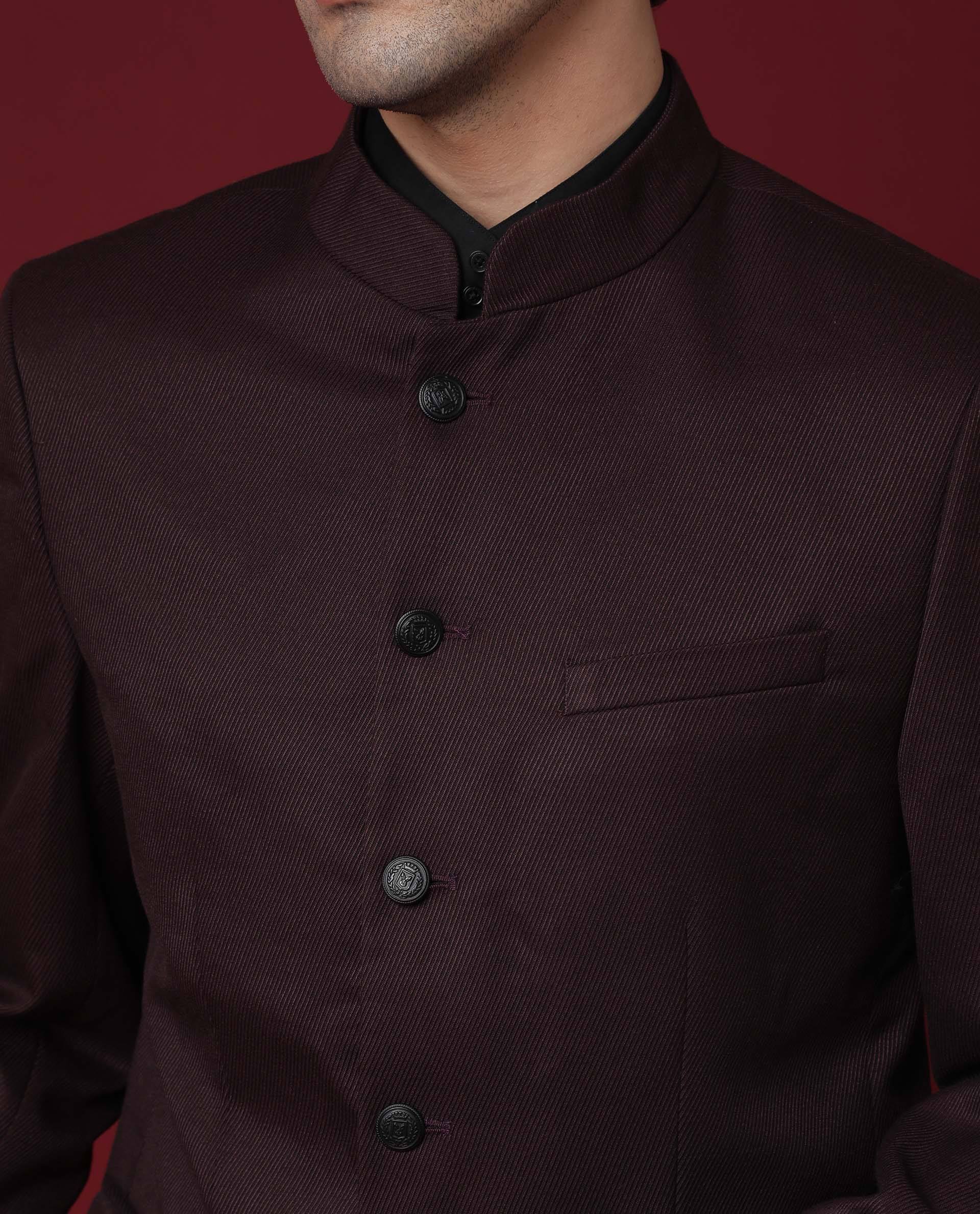 Rare Rabbit Men's Edit Band Maroon Mandarin Collar Tailored Fit Twill Textured Bandhgala