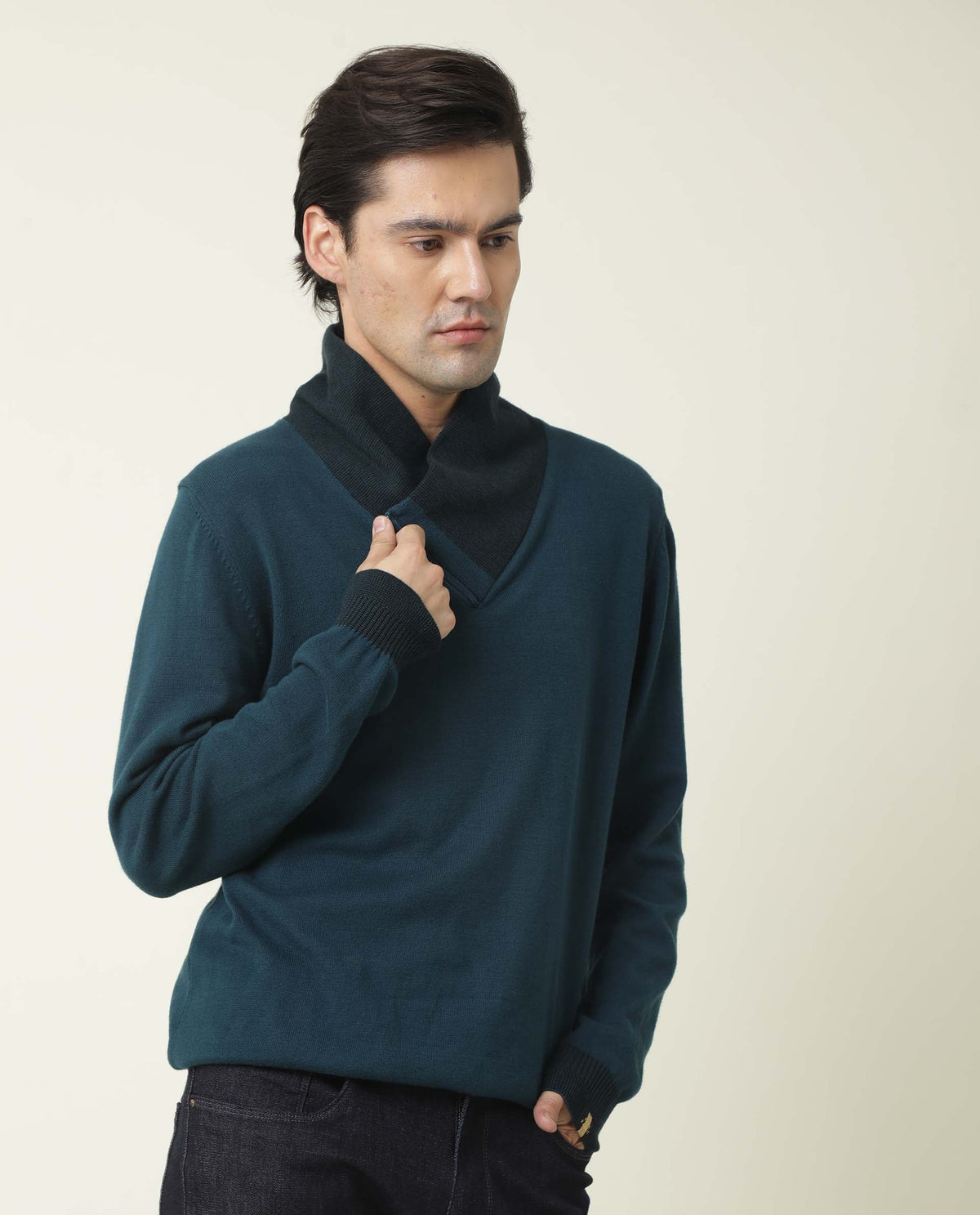 RARE RABBIT MEN'S DENVER PETROL PULLOVER COTTON FABRIC COWL NECK FULL SLEEVES ZIPPER CLOSURE SLIM FIT