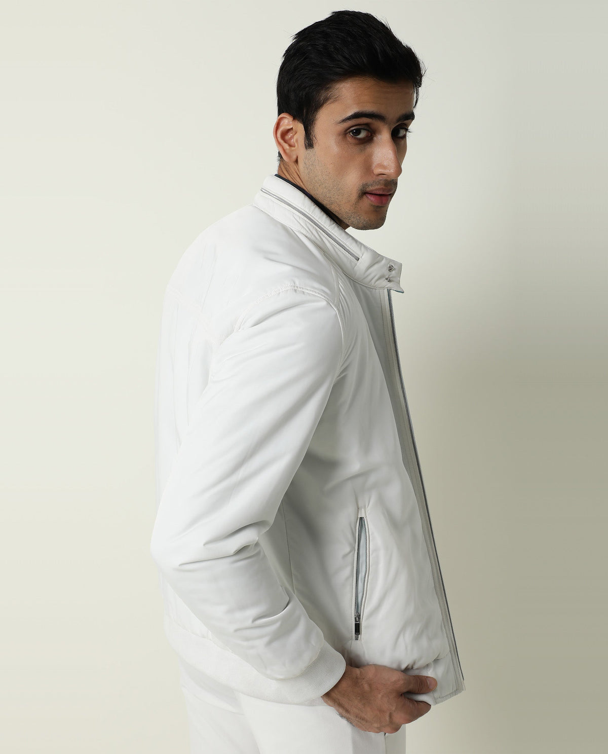 Rare Rabbit Men's Royban White Classic Mandarin Collar Bomber Jacket