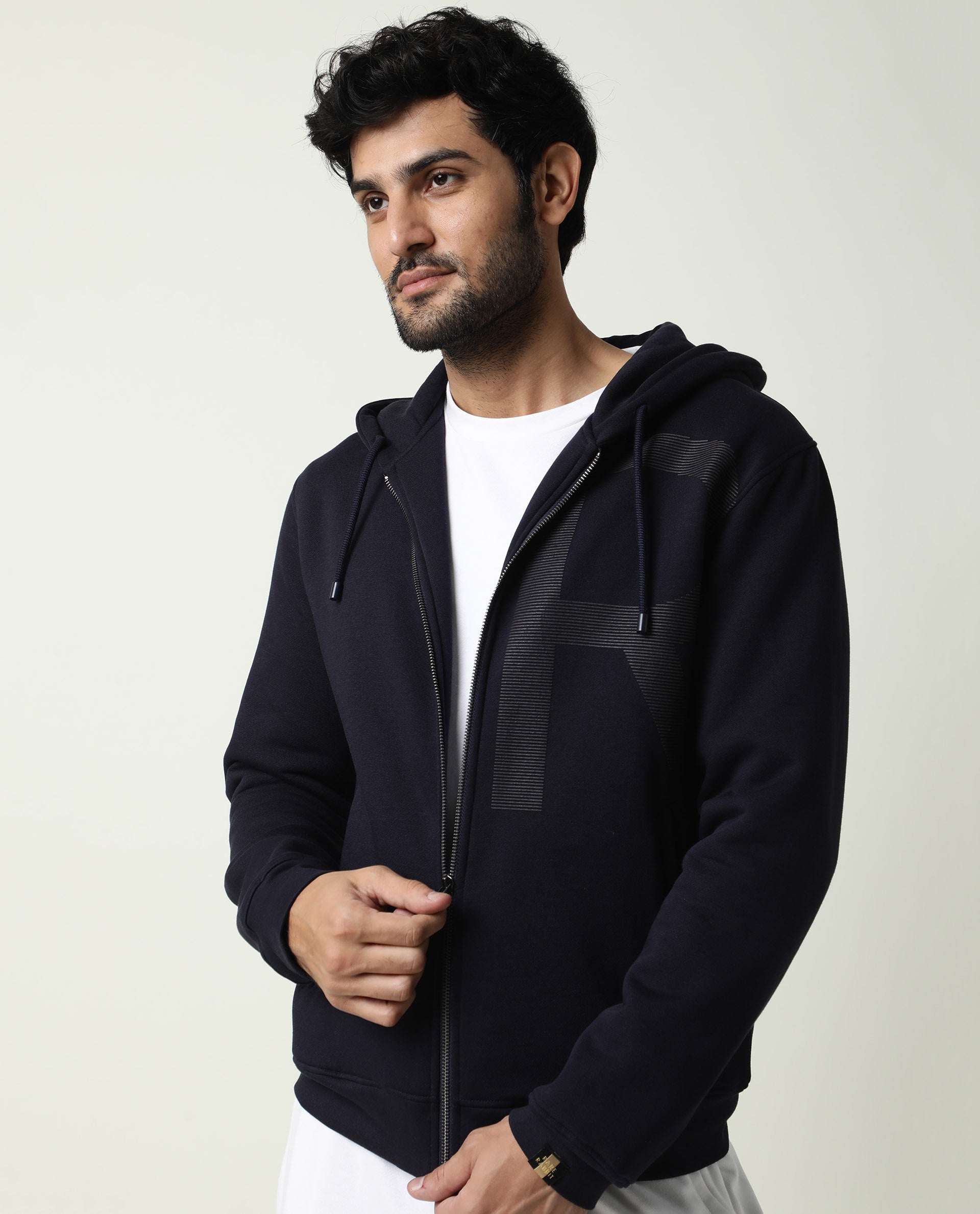 Rare Rabbit Men'S Albell Navy Sweatshirt Cotton Polyester Fabric Hooded Neck Full Sleeves Zipper Closure Slim Fit