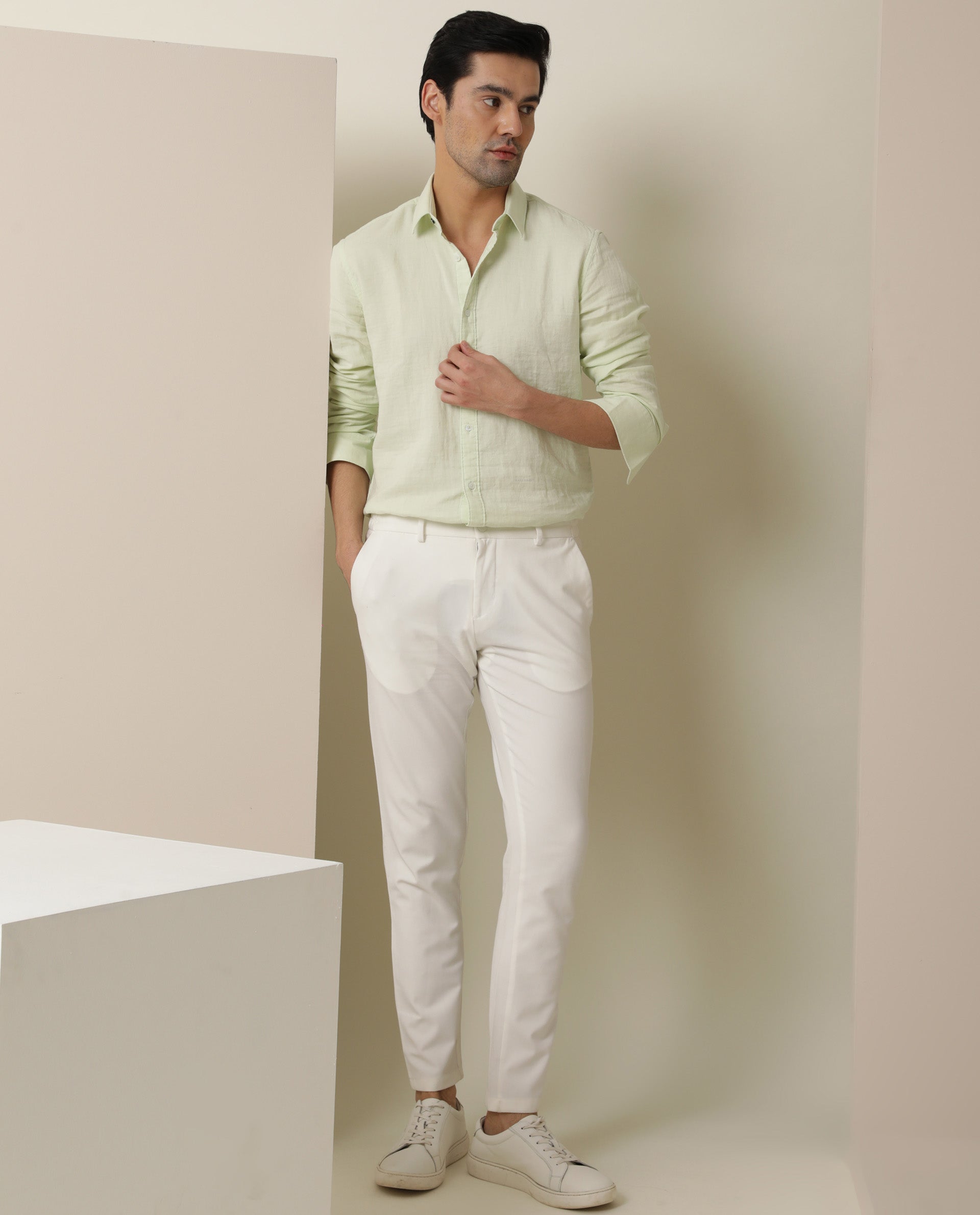 Rare Rabbit Men's Layerr Light Green Cotton Fabric Full Sleeves Solid Shirt