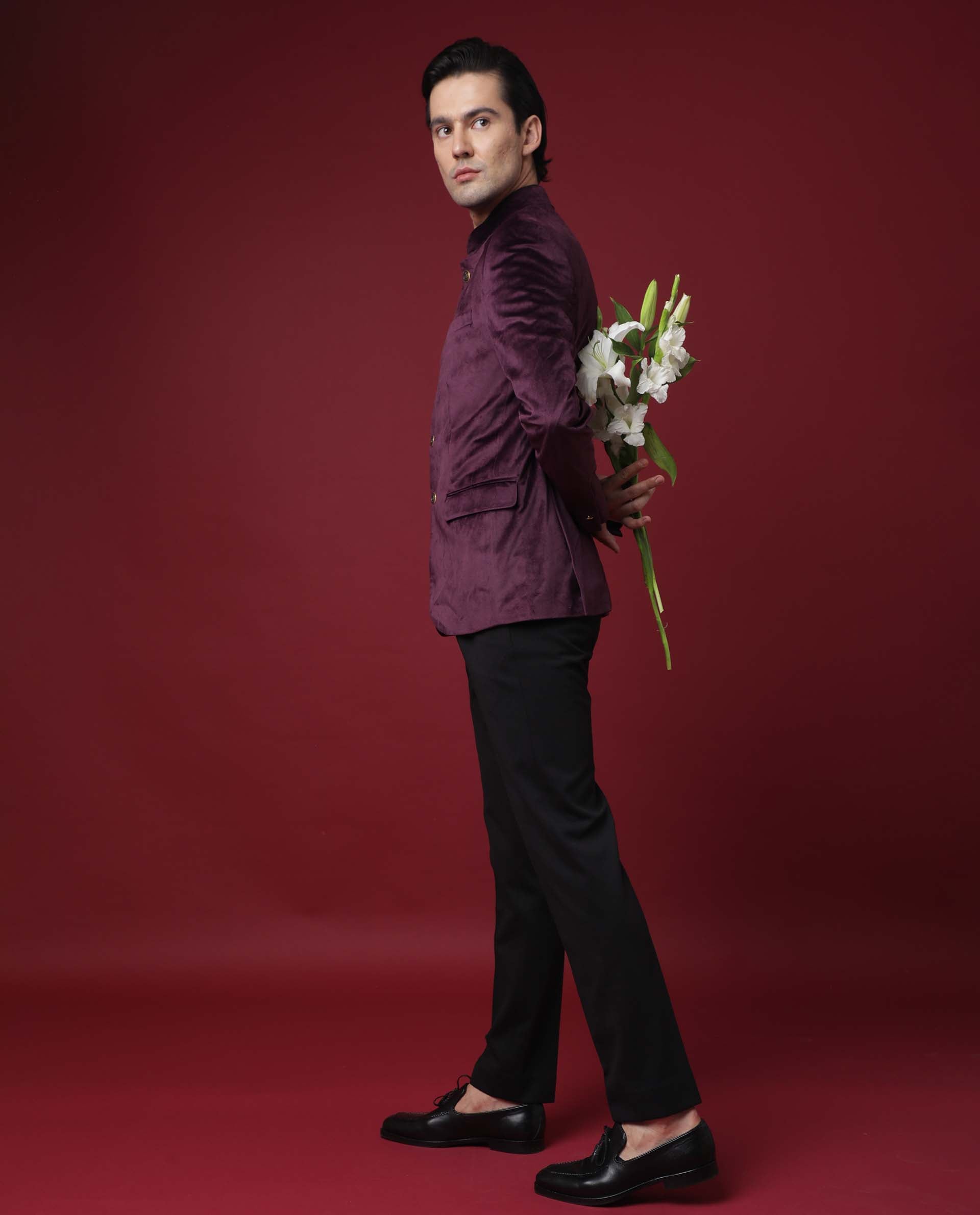 Rare Rabbit Men's Core Primary Maroon Mandarin Collar Full Sleeves Slim Fit Velvet Bandhgala