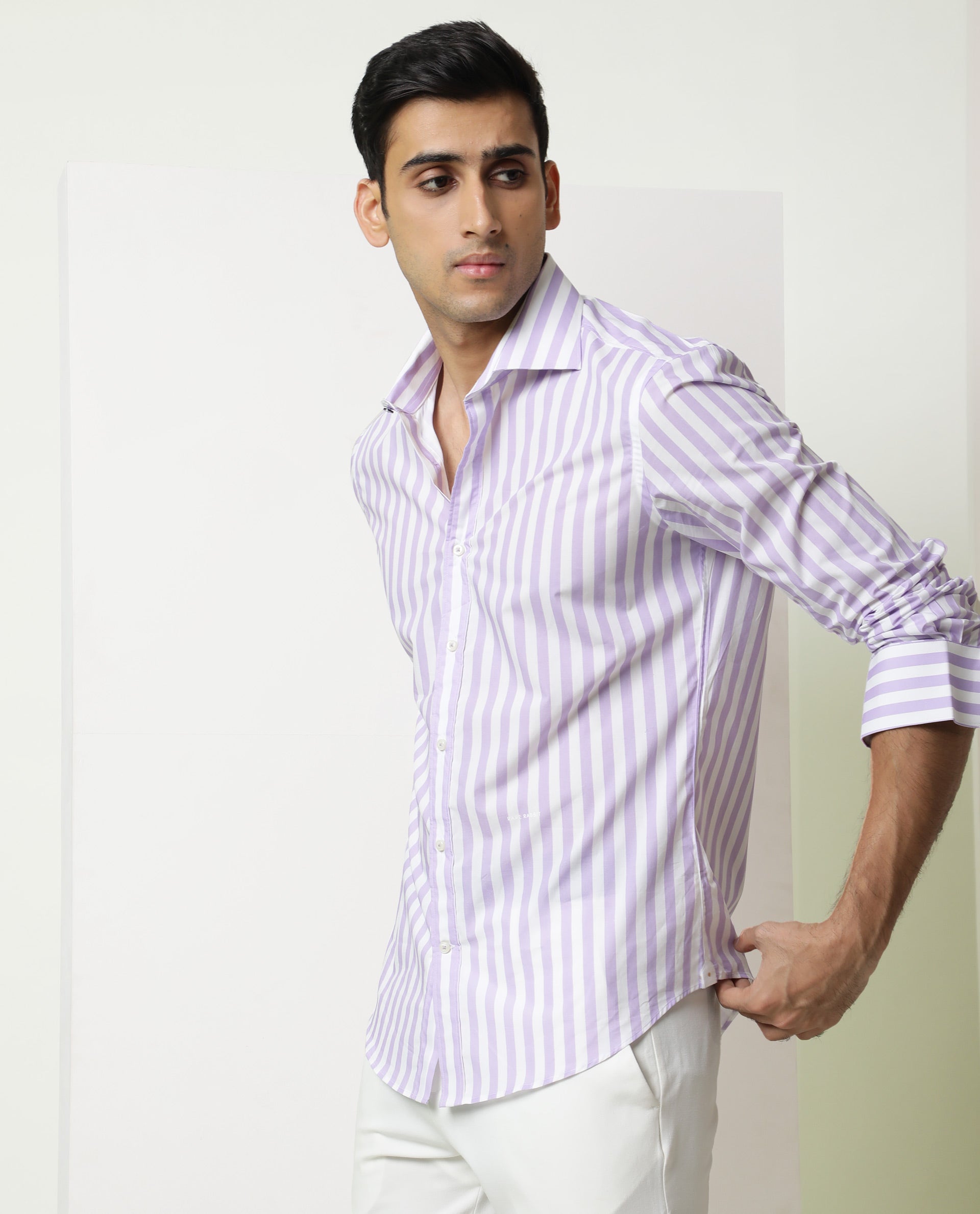 Rare Rabbit Men's Dyot Light Purple Cotton Fabric Full Sleeves Striped Shirt