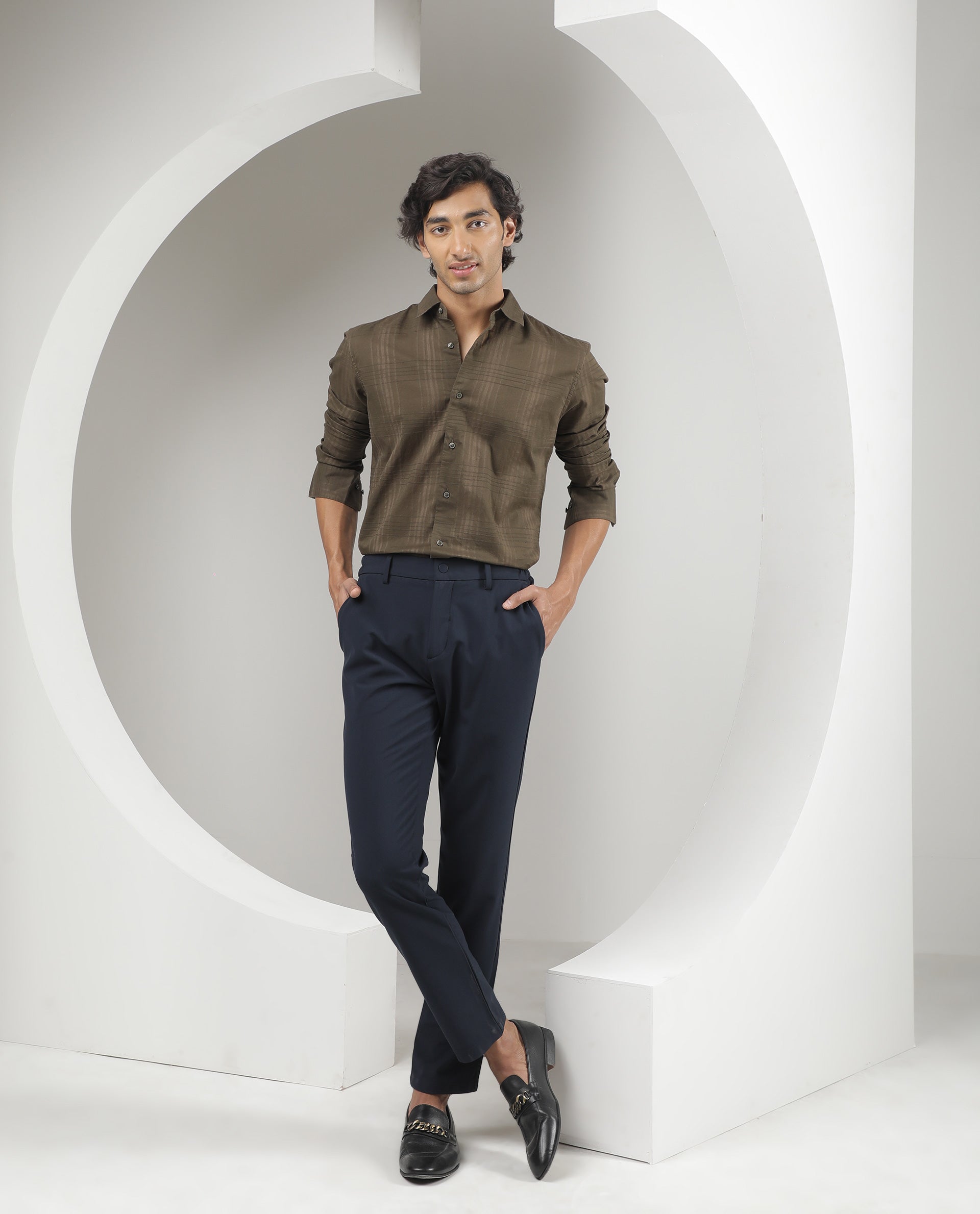 Rare Rabbit Men's Nest Olive Cotton Fabric Full Sleeves Dobby Checks Shirt